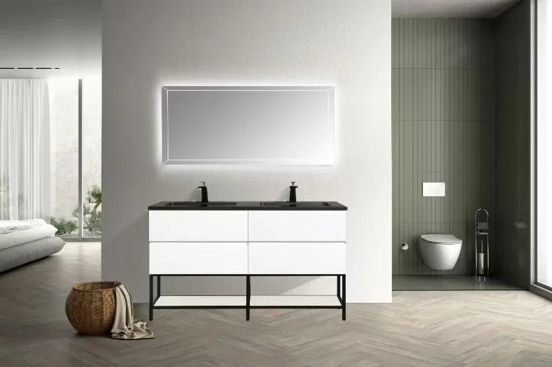 60" White Wall Mount Double Sink Bathroom Vanity with Black Engineered Quartz Countertop-Migration_Bathroom Vanities-DECOROLALA