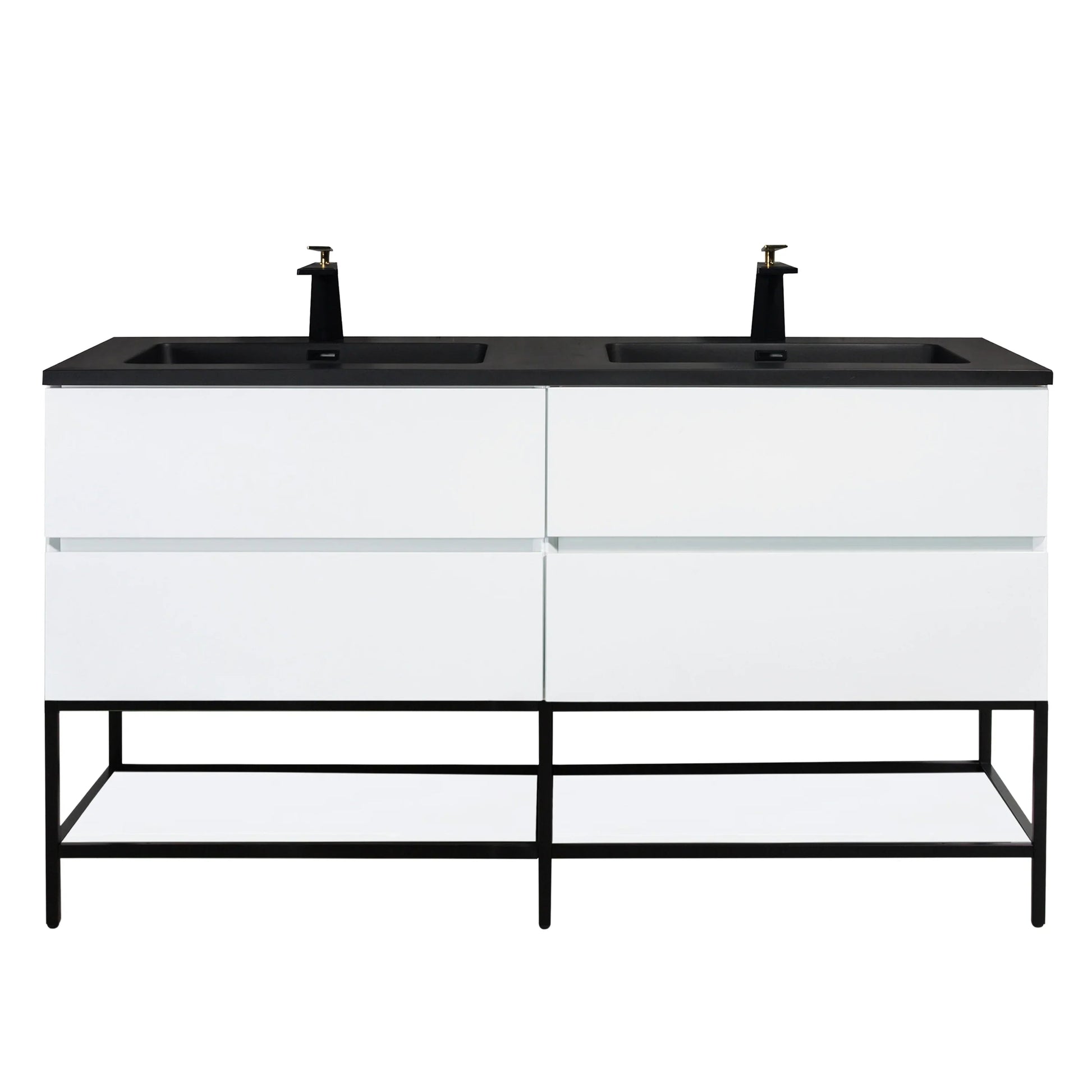60" White Wall Mount Double Sink Bathroom Vanity with Black Engineered Quartz Countertop-Migration_Bathroom Vanities-DECOROLALA