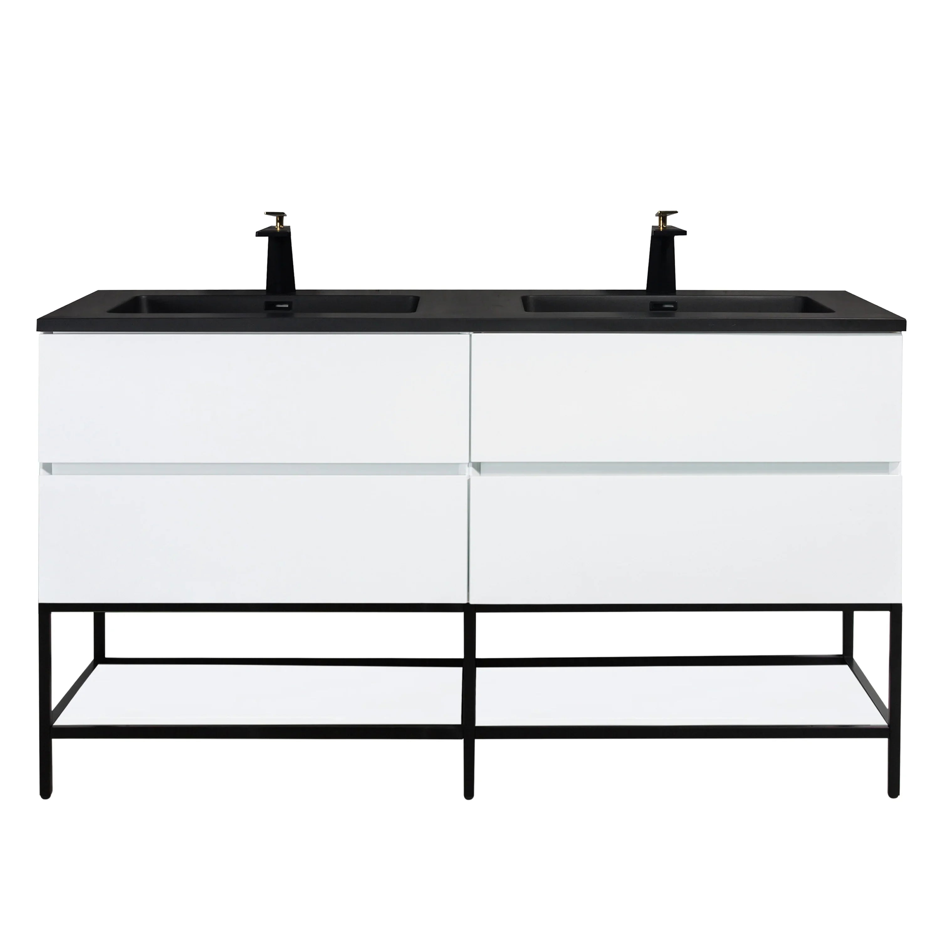 60" White Wall Mount Double Sink Bathroom Vanity with Black Engineered Quartz Countertop-Migration_Bathroom Vanities-DECOROLALA