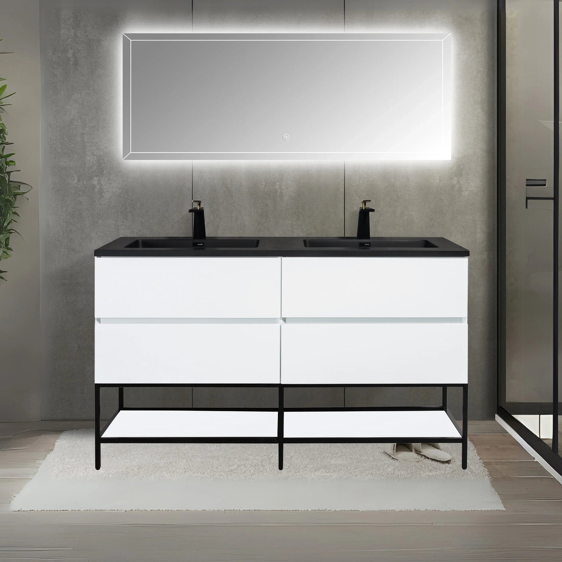 60" White Wall Mount Double Sink Bathroom Vanity with Black Engineered Quartz Countertop-Migration_Bathroom Vanities-DECOROLALA