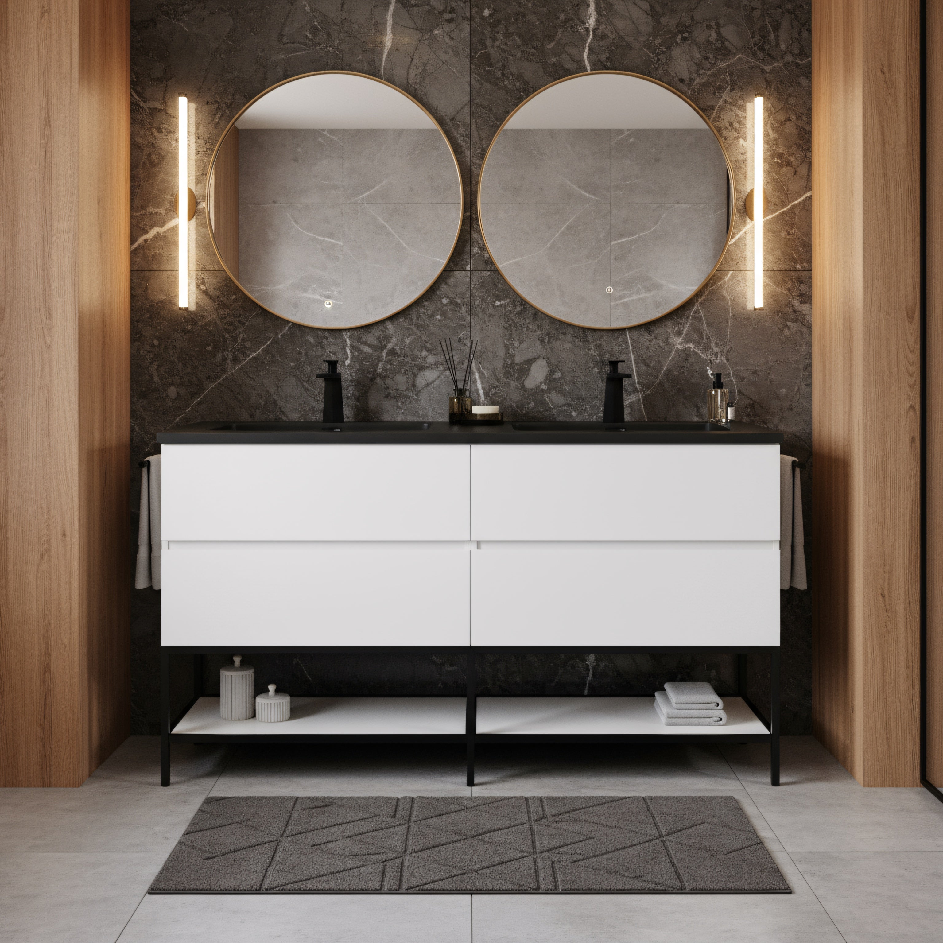 60" White Wall Mount Double Sink Bathroom Vanity with Black Engineered Quartz Countertop-Migration_Bathroom Vanities-DECOROLALA