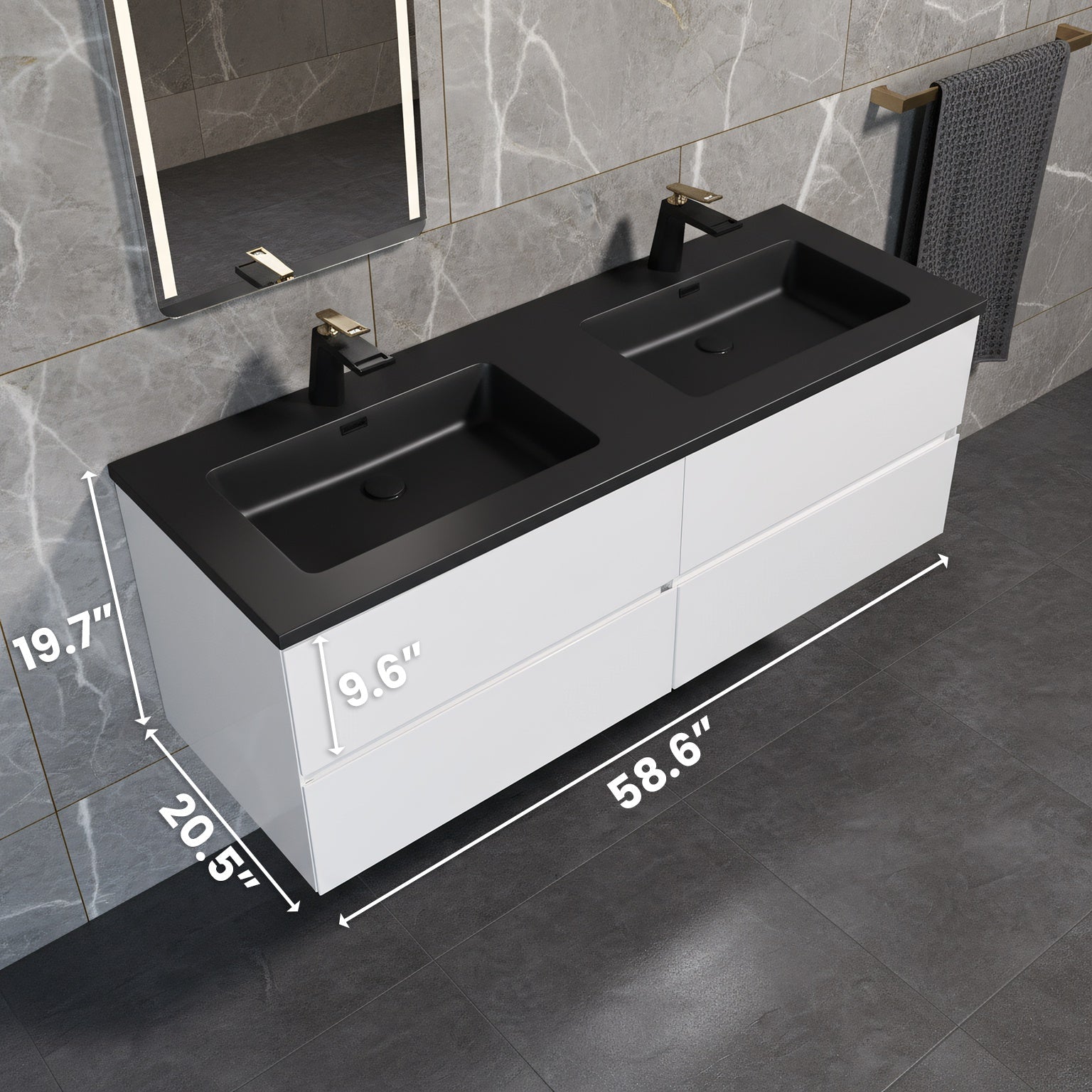60" White Wall Mount Double Sink Bathroom Vanity with Black Engineered Quartz Countertop-Migration_Bathroom Vanities-DECOROLALA
