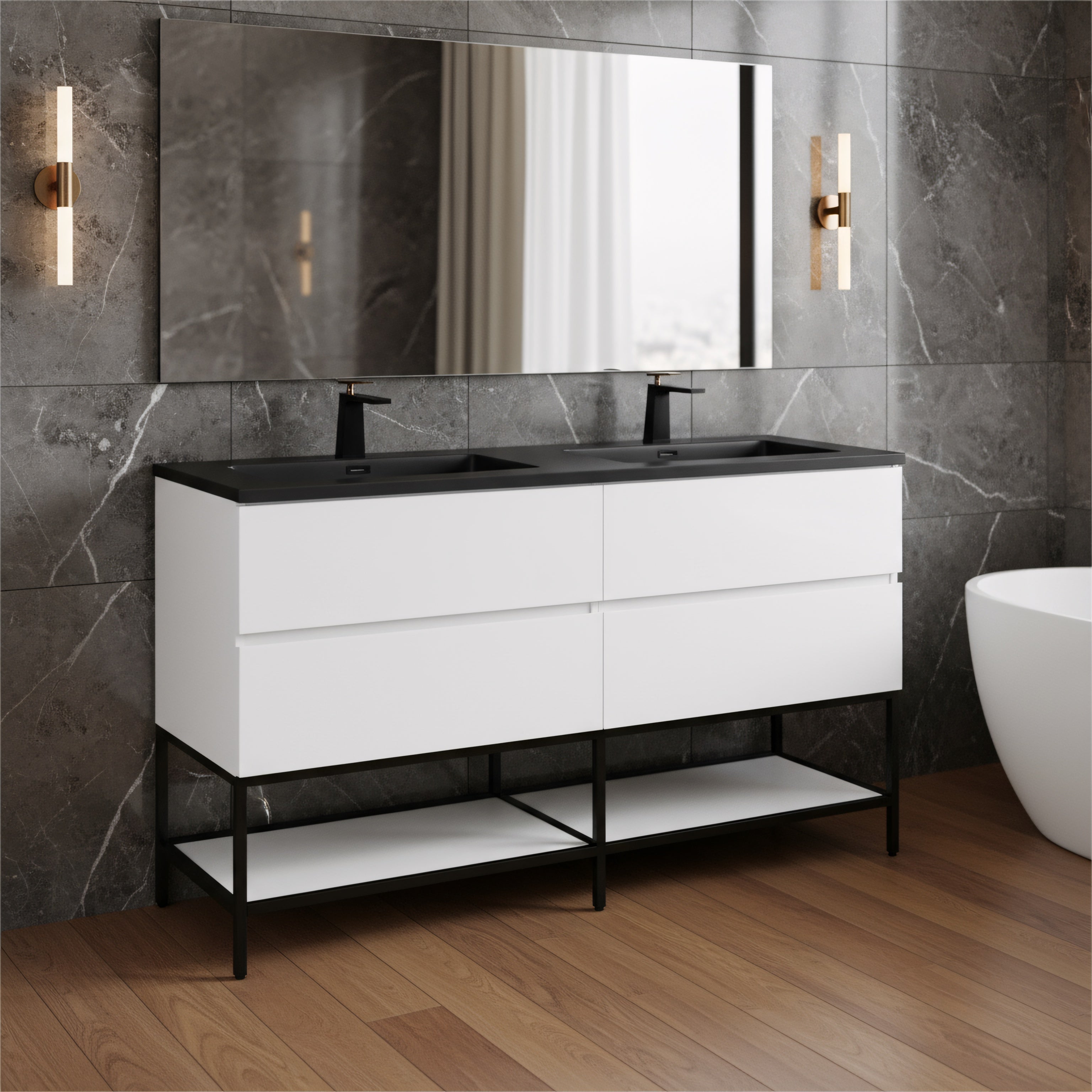 60" White Wall Mount Double Sink Bathroom Vanity with Black Engineered Quartz Countertop-Migration_Bathroom Vanities-DECOROLALA