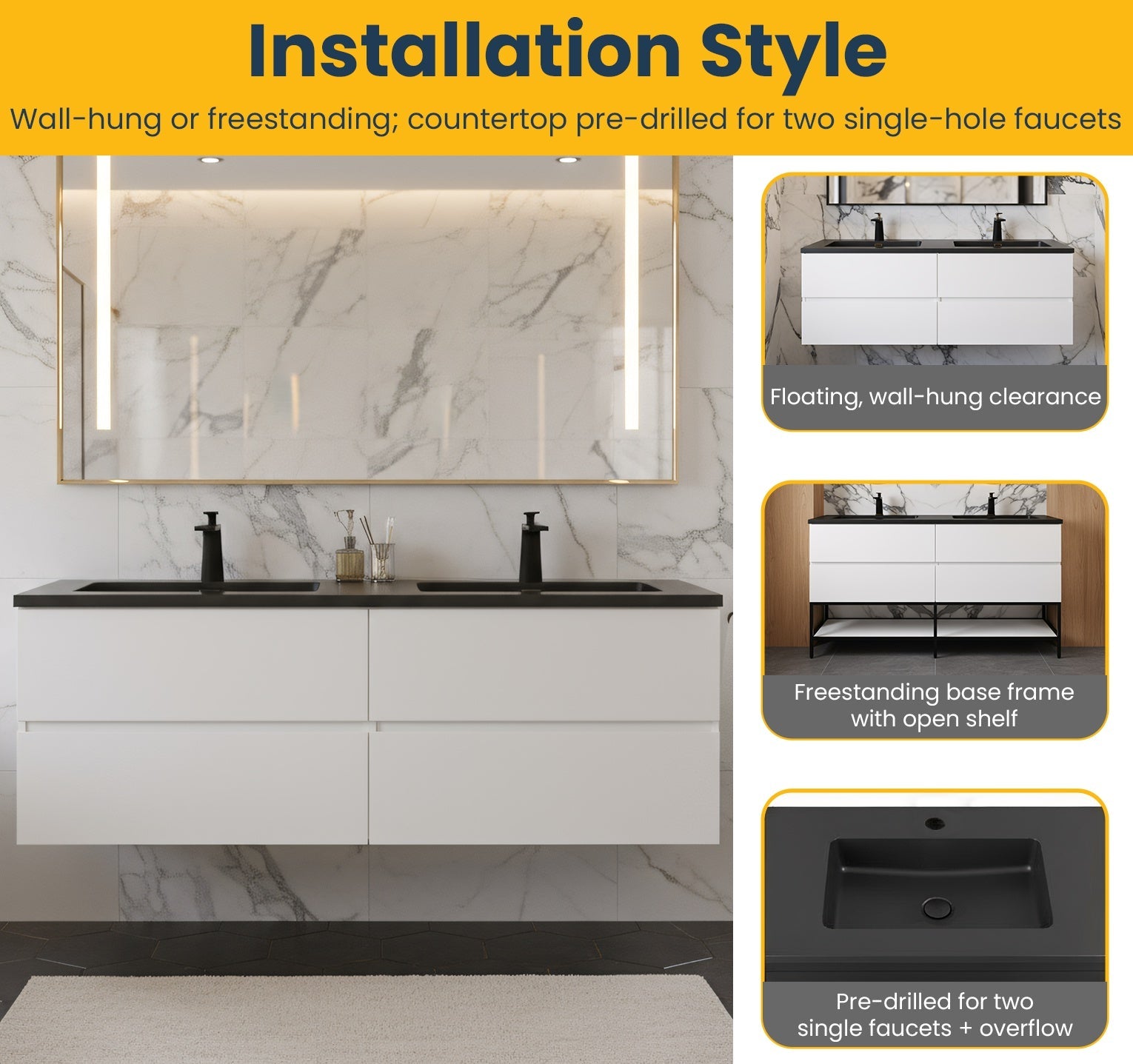 60" White Wall Mount Double Sink Bathroom Vanity with Black Engineered Quartz Countertop-Migration_Bathroom Vanities-DECOROLALA