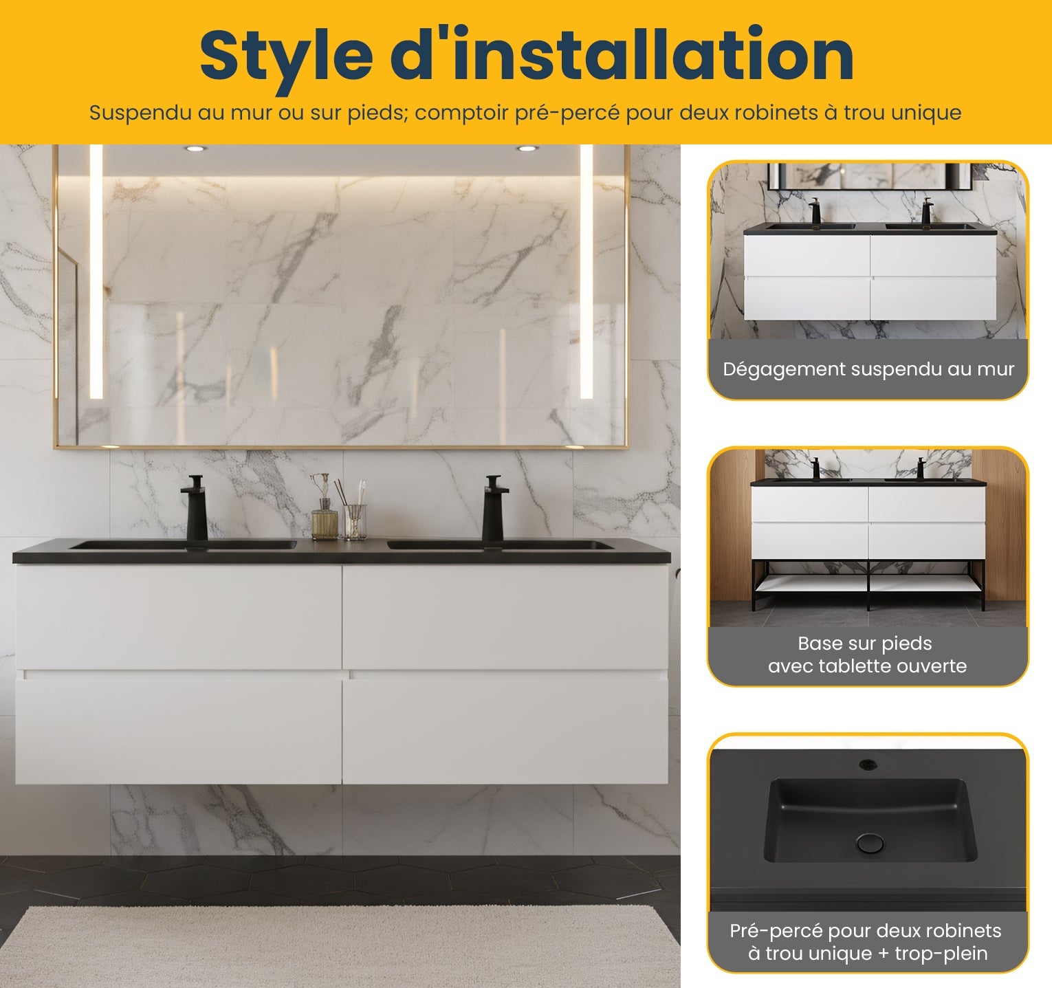 60" White Wall Mount Double Sink Bathroom Vanity with Black Engineered Quartz Countertop-Migration_Bathroom Vanities-DECOROLALA