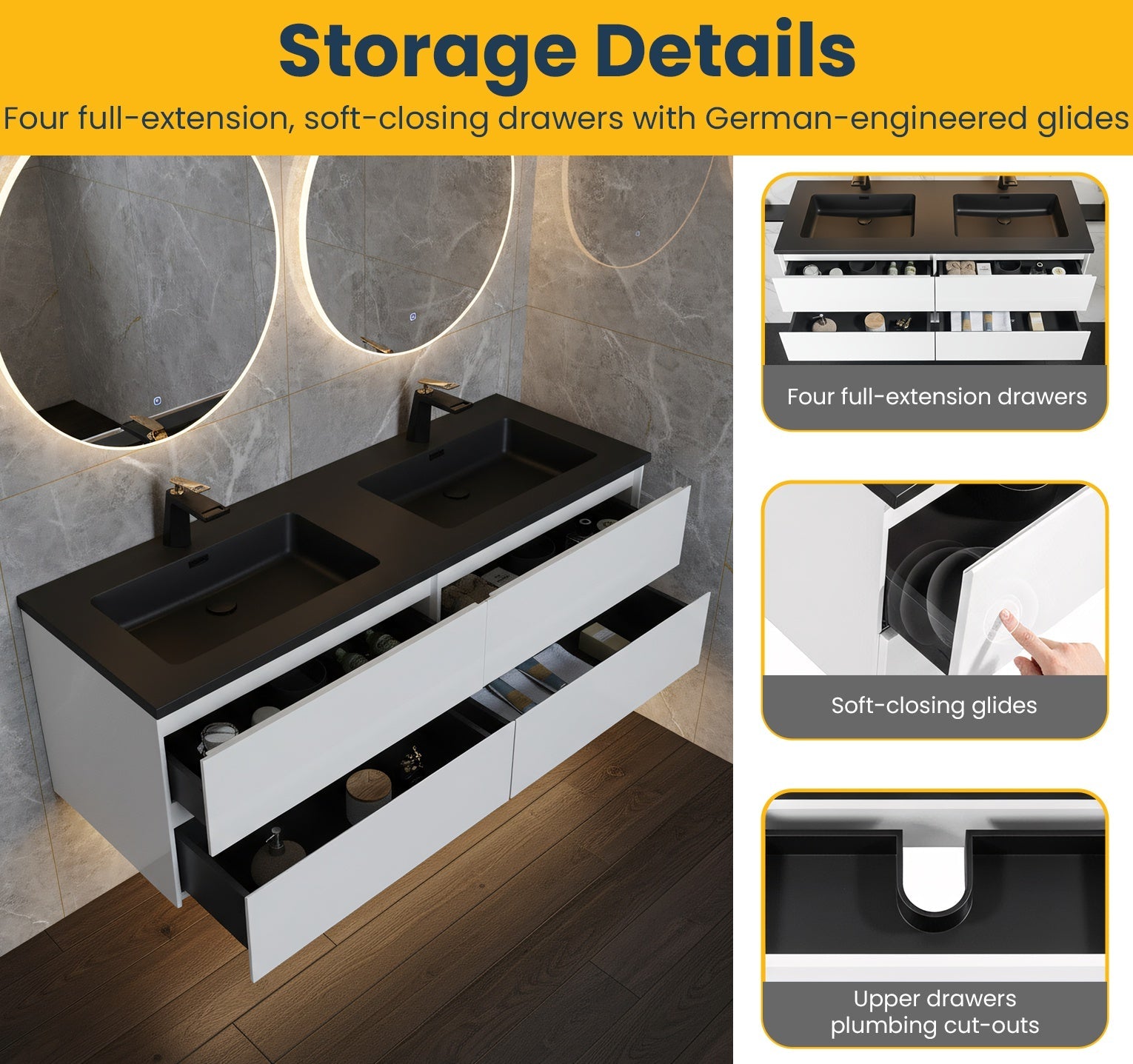 60" White Wall Mount Double Sink Bathroom Vanity with Black Engineered Quartz Countertop-Migration_Bathroom Vanities-DECOROLALA