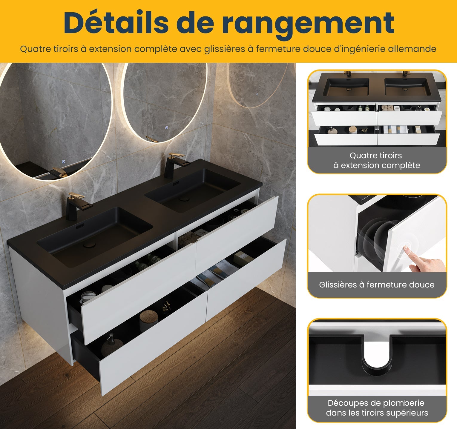 60" White Wall Mount Double Sink Bathroom Vanity with Black Engineered Quartz Countertop-Migration_Bathroom Vanities-DECOROLALA