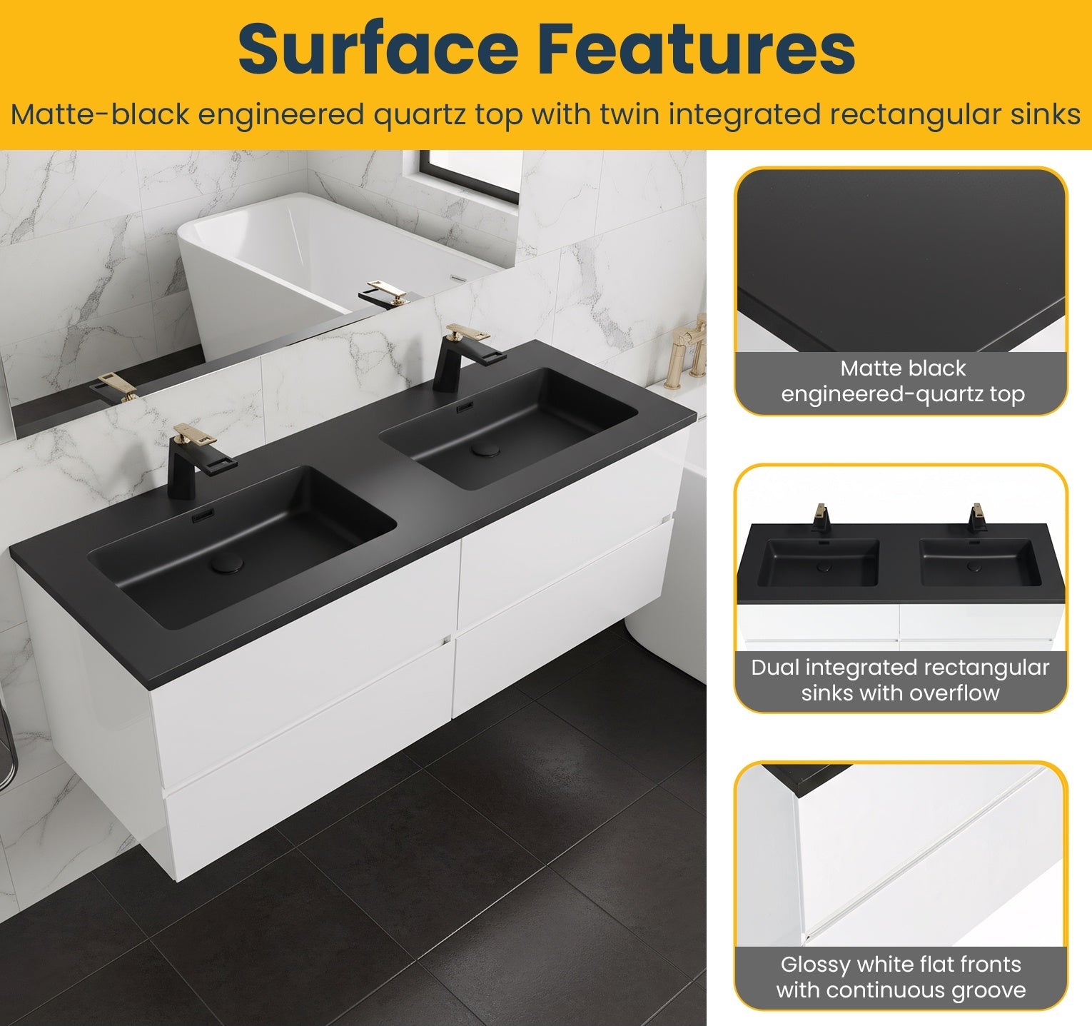 60" White Wall Mount Double Sink Bathroom Vanity with Black Engineered Quartz Countertop-Migration_Bathroom Vanities-DECOROLALA