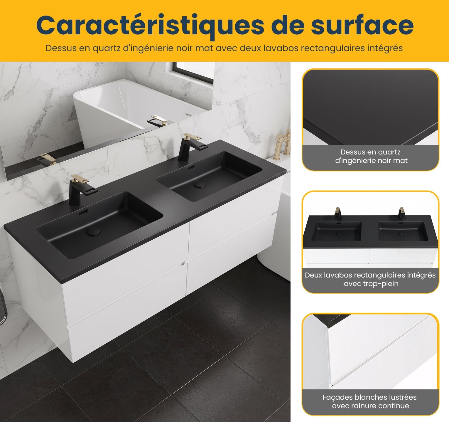 60" White Wall Mount Double Sink Bathroom Vanity with Black Engineered Quartz Countertop-Migration_Bathroom Vanities-DECOROLALA