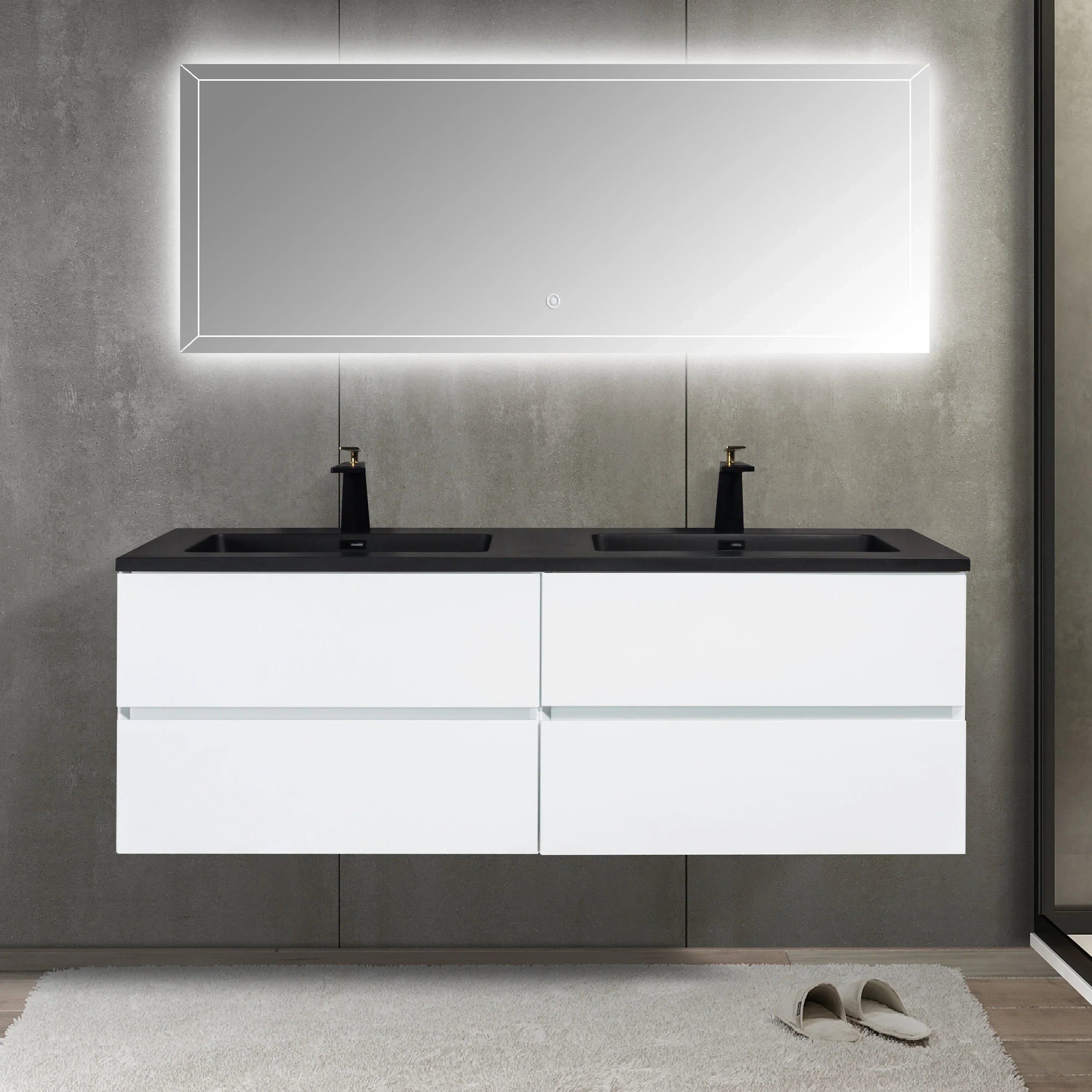 60" White Wall Mount Double Sink Bathroom Vanity with Black Engineered Quartz Countertop-Migration_Bathroom Vanities-DECOROLALA