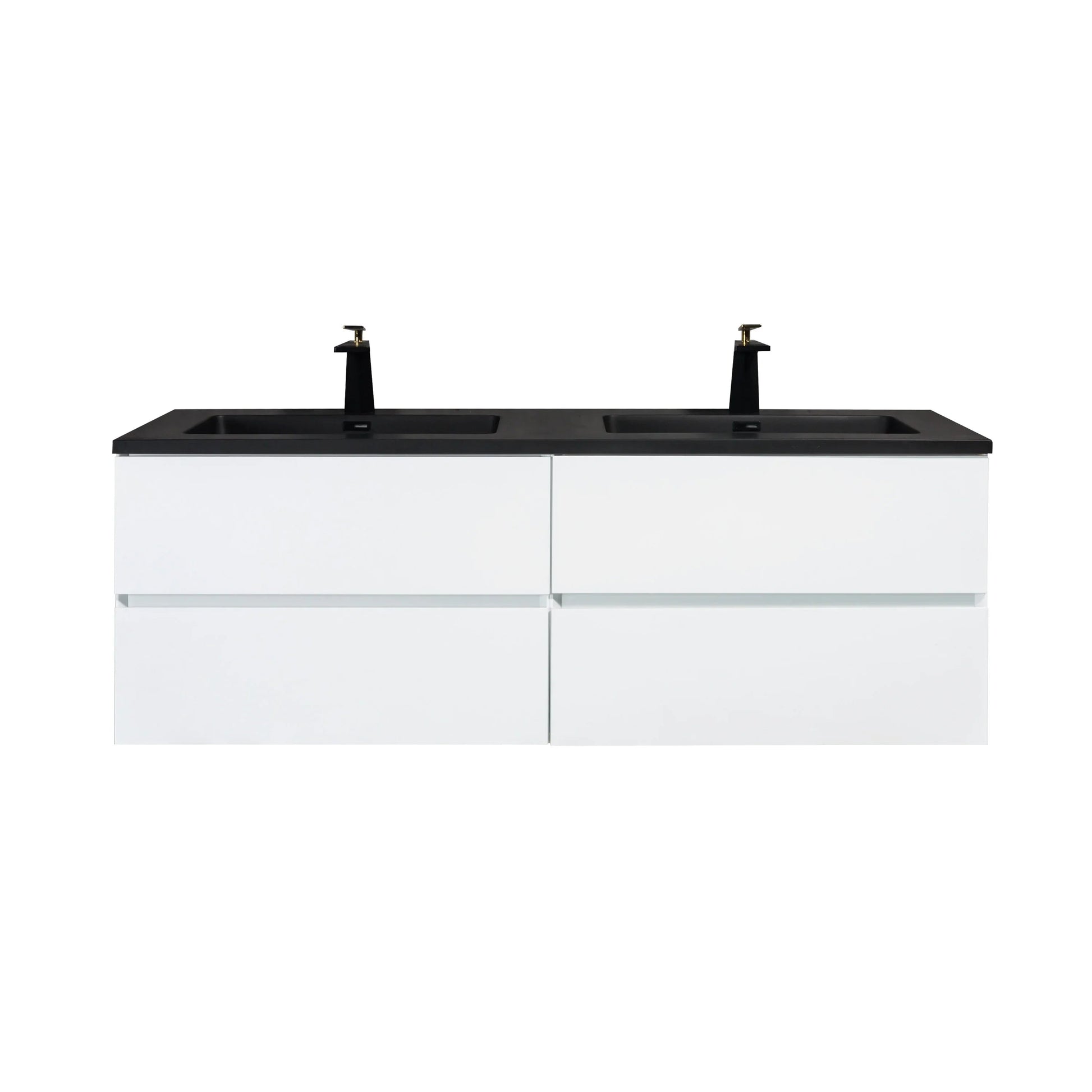 60" White Wall Mount Double Sink Bathroom Vanity with Black Engineered Quartz Countertop-Migration_Bathroom Vanities-DECOROLALA