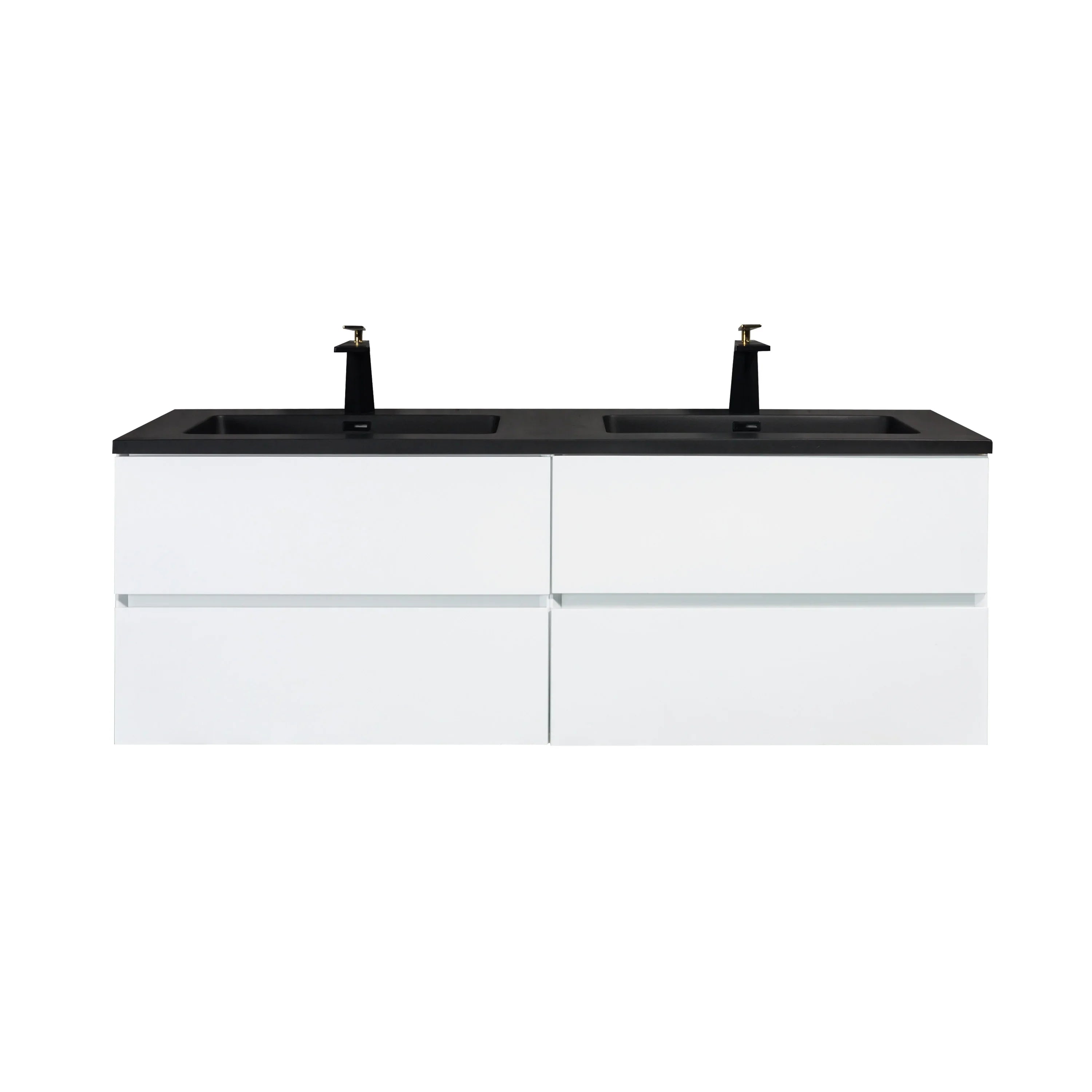 60" White Wall Mount Double Sink Bathroom Vanity with Black Engineered Quartz Countertop-Migration_Bathroom Vanities-DECOROLALA
