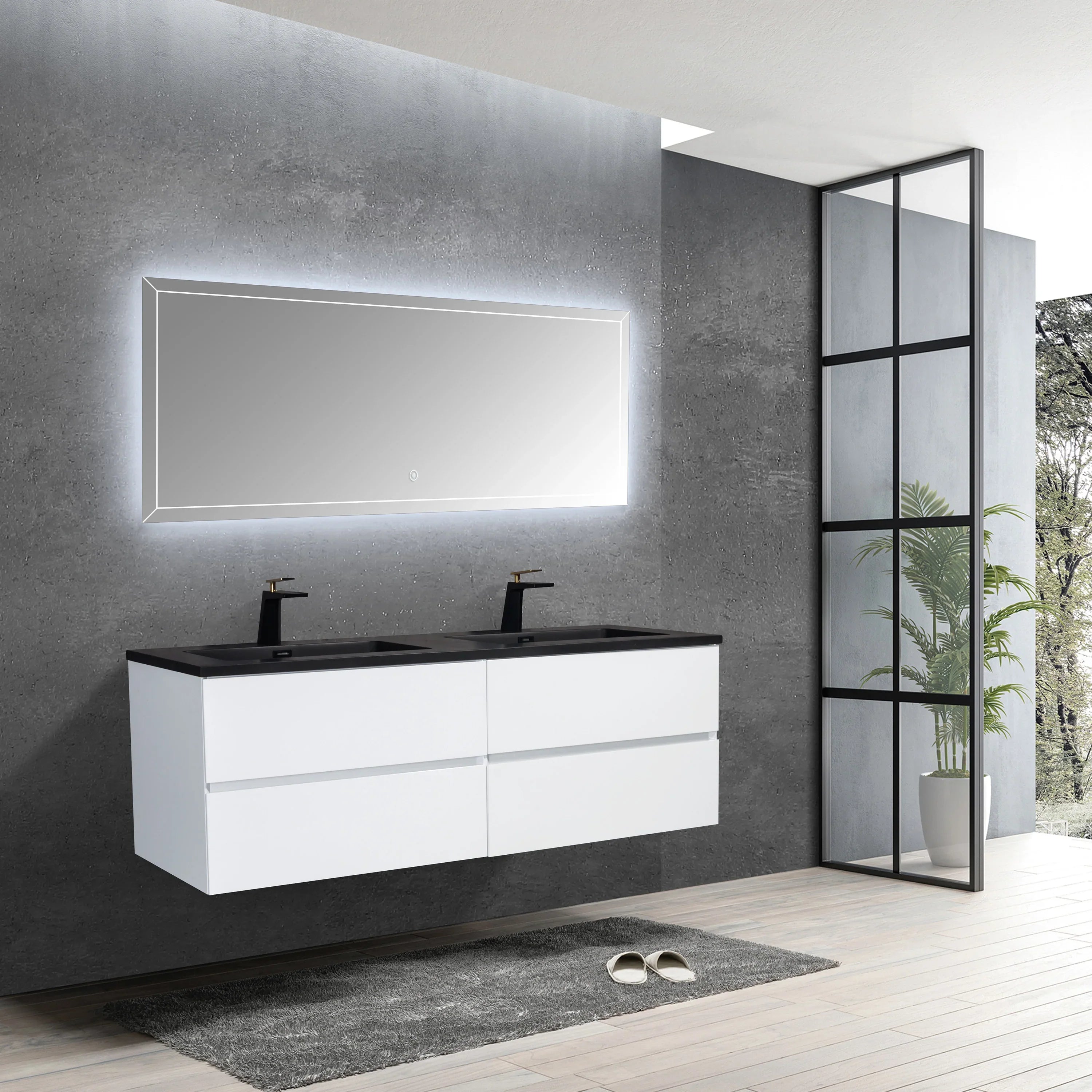 60" White Wall Mount Double Sink Bathroom Vanity with Black Engineered Quartz Countertop-Migration_Bathroom Vanities-DECOROLALA