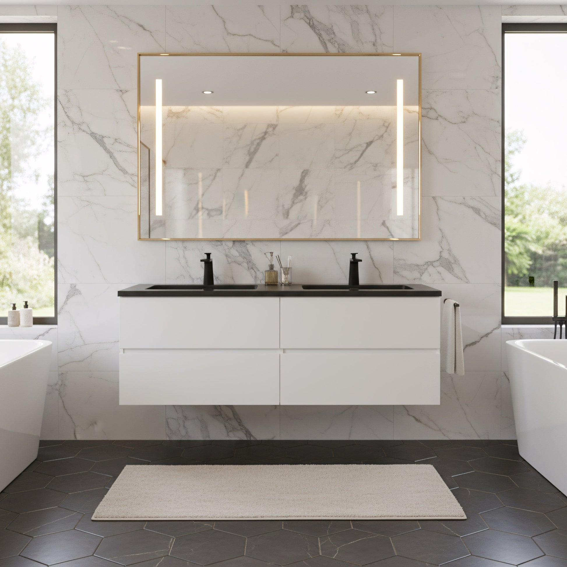 60" White Wall Mount Double Sink Bathroom Vanity with Black Engineered Quartz Countertop-Migration_Bathroom Vanities-DECOROLALA