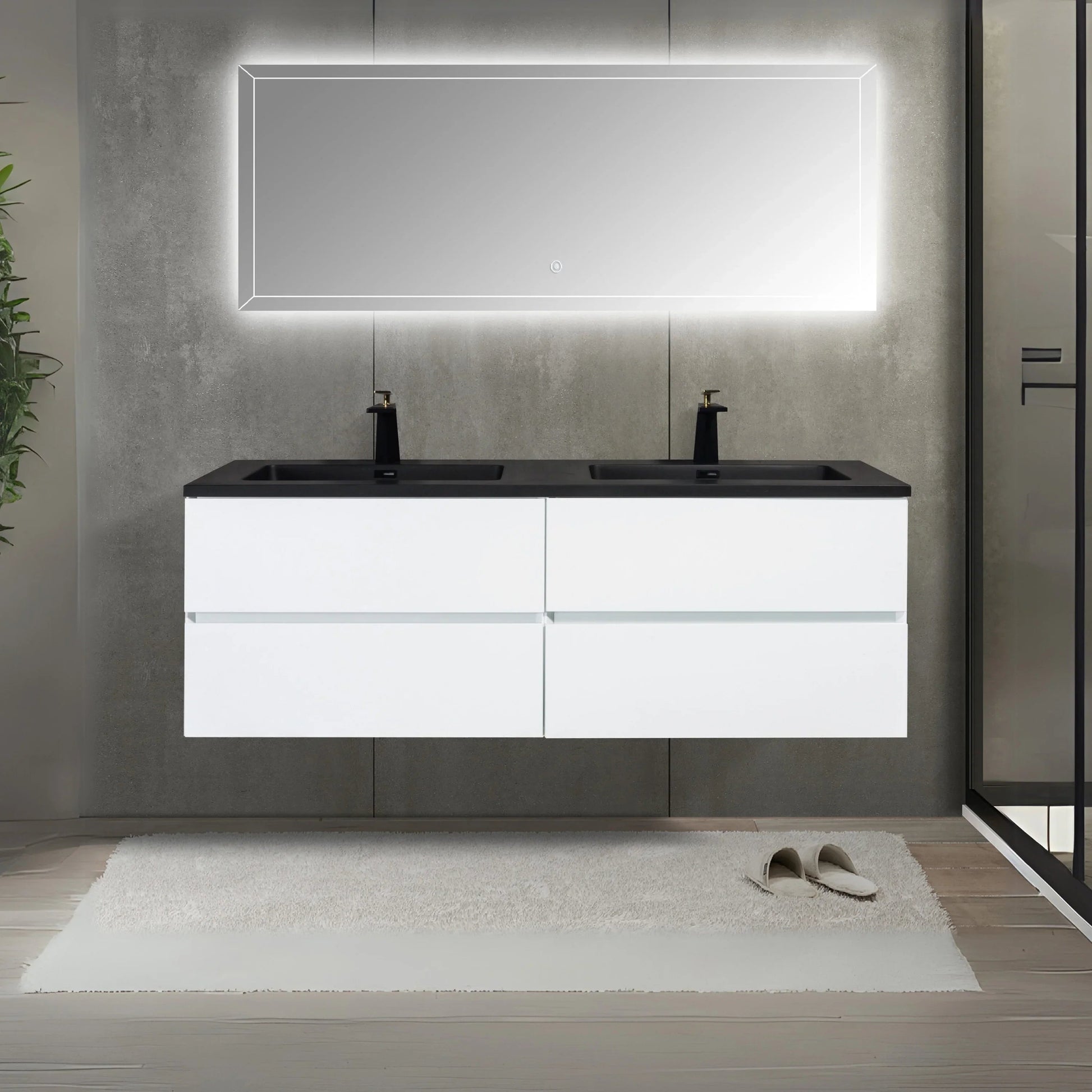 60" White Wall Mount Double Sink Bathroom Vanity with Black Engineered Quartz Countertop-Migration_Bathroom Vanities-DECOROLALA