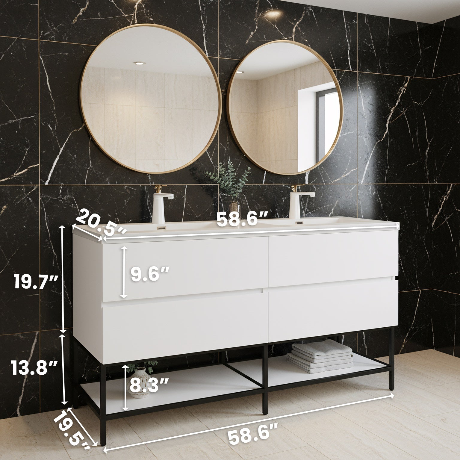 60" White Wall Mount Double Sink Bathroom Vanity with White Polymarble Countertop-Migration_Bathroom Vanities-DECOROLALA