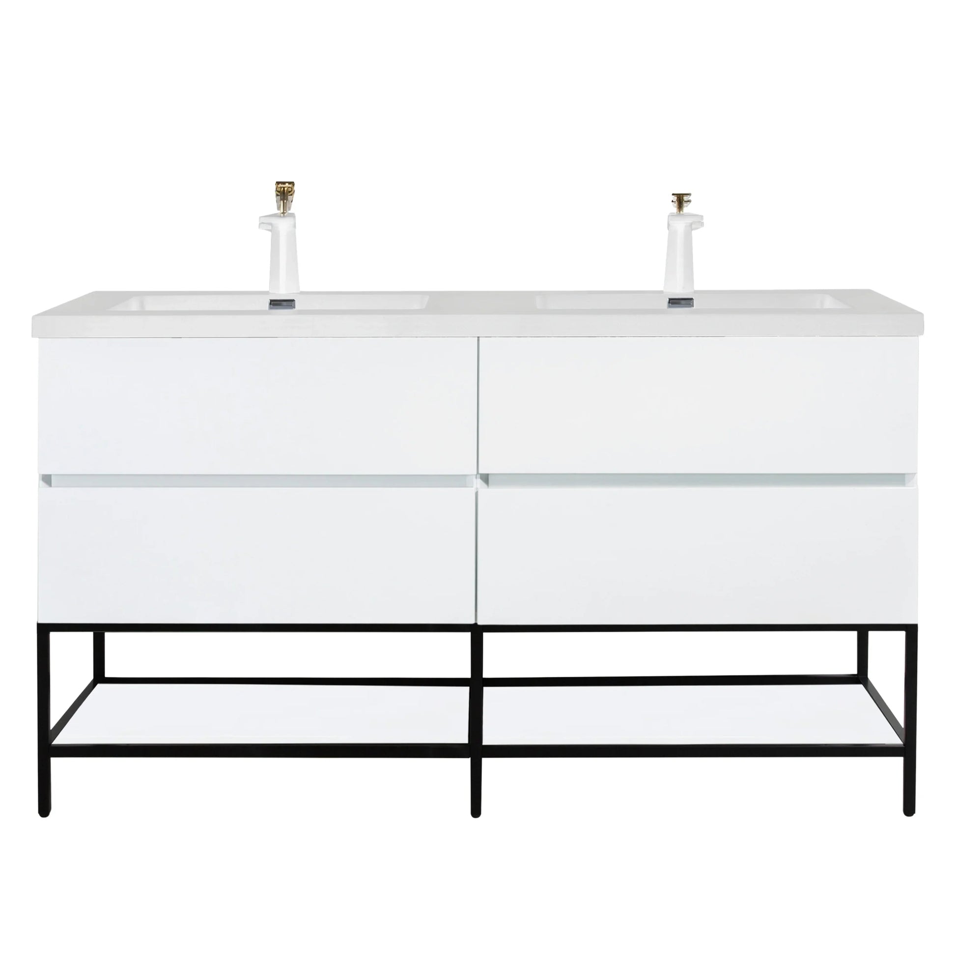 60" White Wall Mount Double Sink Bathroom Vanity with White Polymarble Countertop-Migration_Bathroom Vanities-DECOROLALA