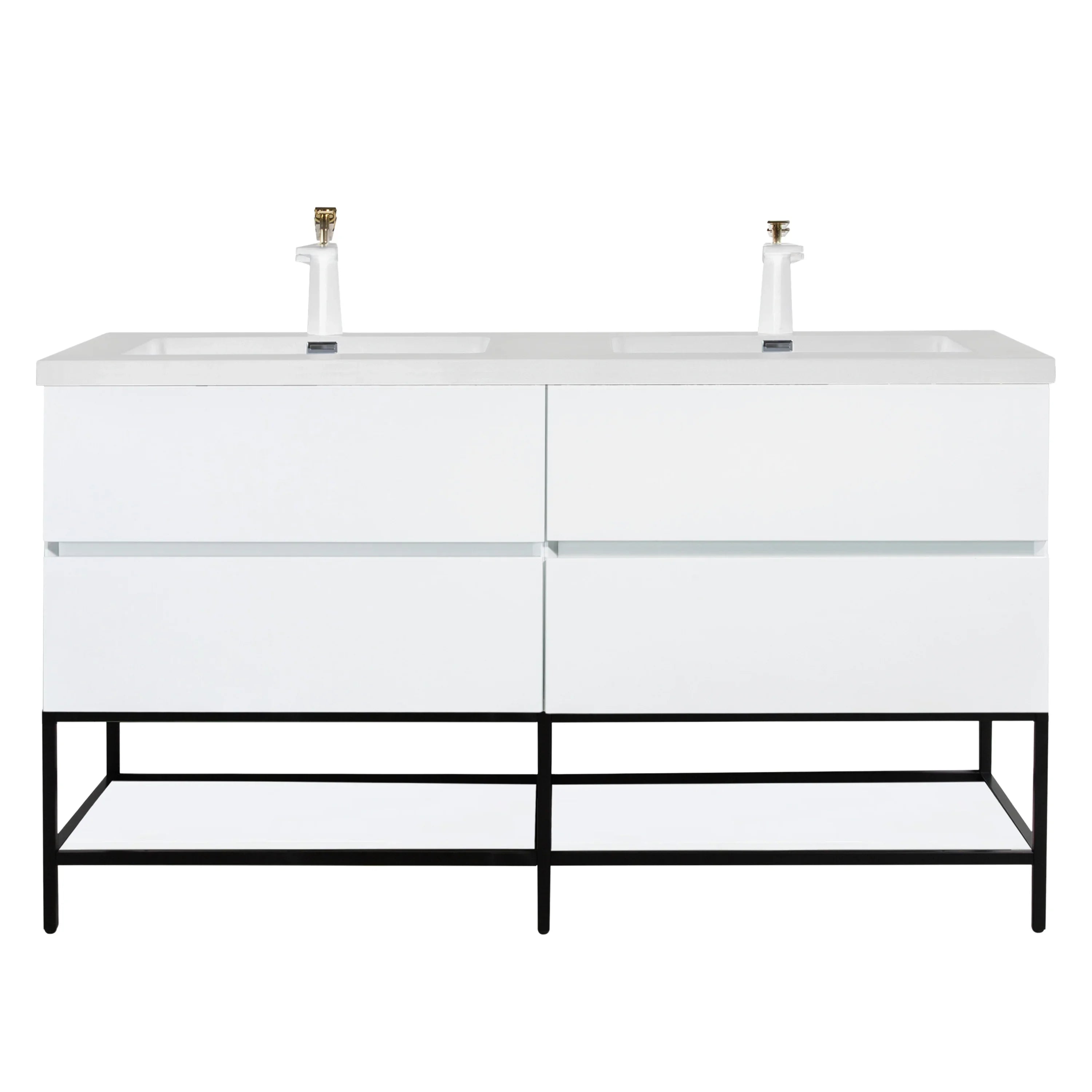 60" White Wall Mount Double Sink Bathroom Vanity with White Polymarble Countertop-Migration_Bathroom Vanities-DECOROLALA