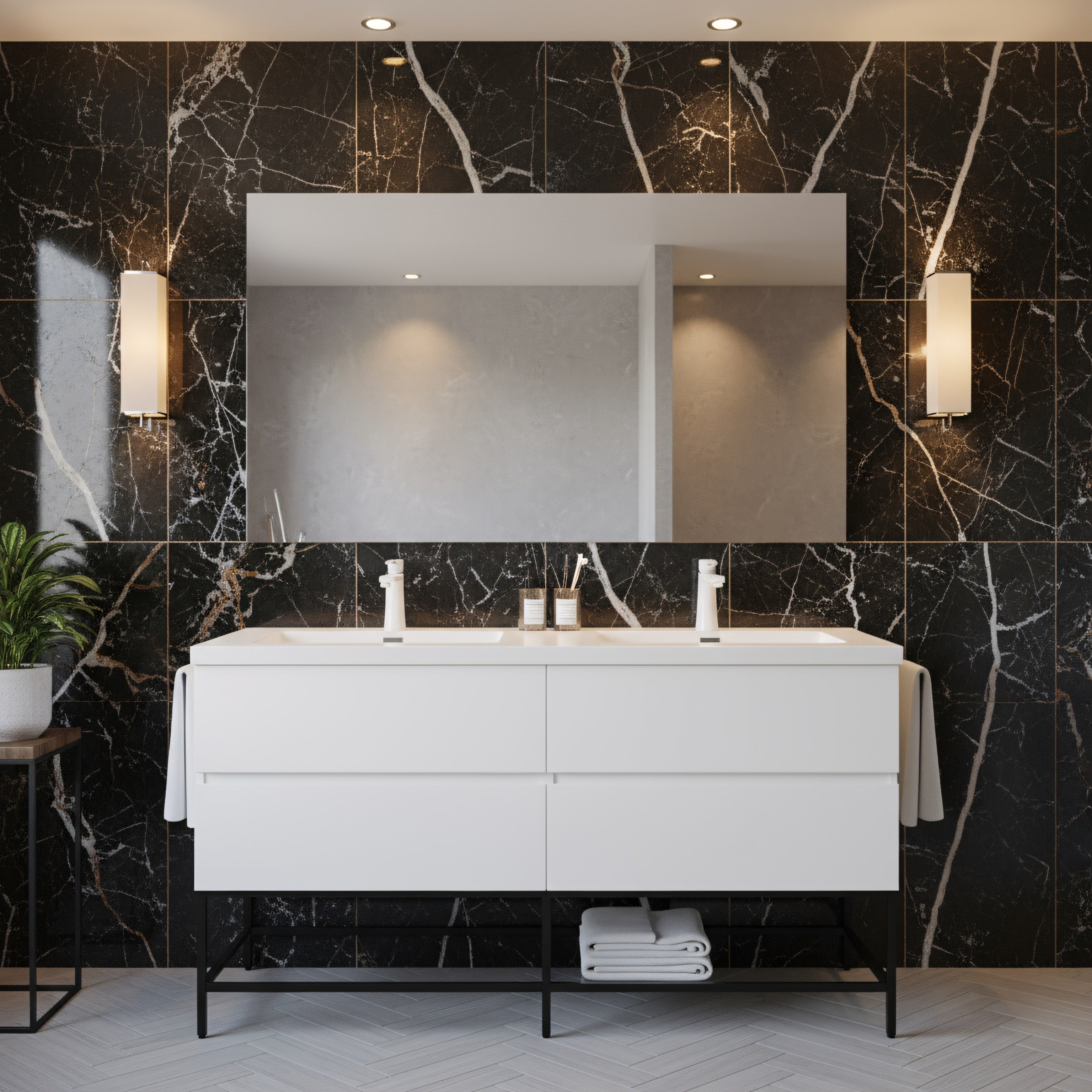 60" White Wall Mount Double Sink Bathroom Vanity with White Polymarble Countertop-Migration_Bathroom Vanities-DECOROLALA