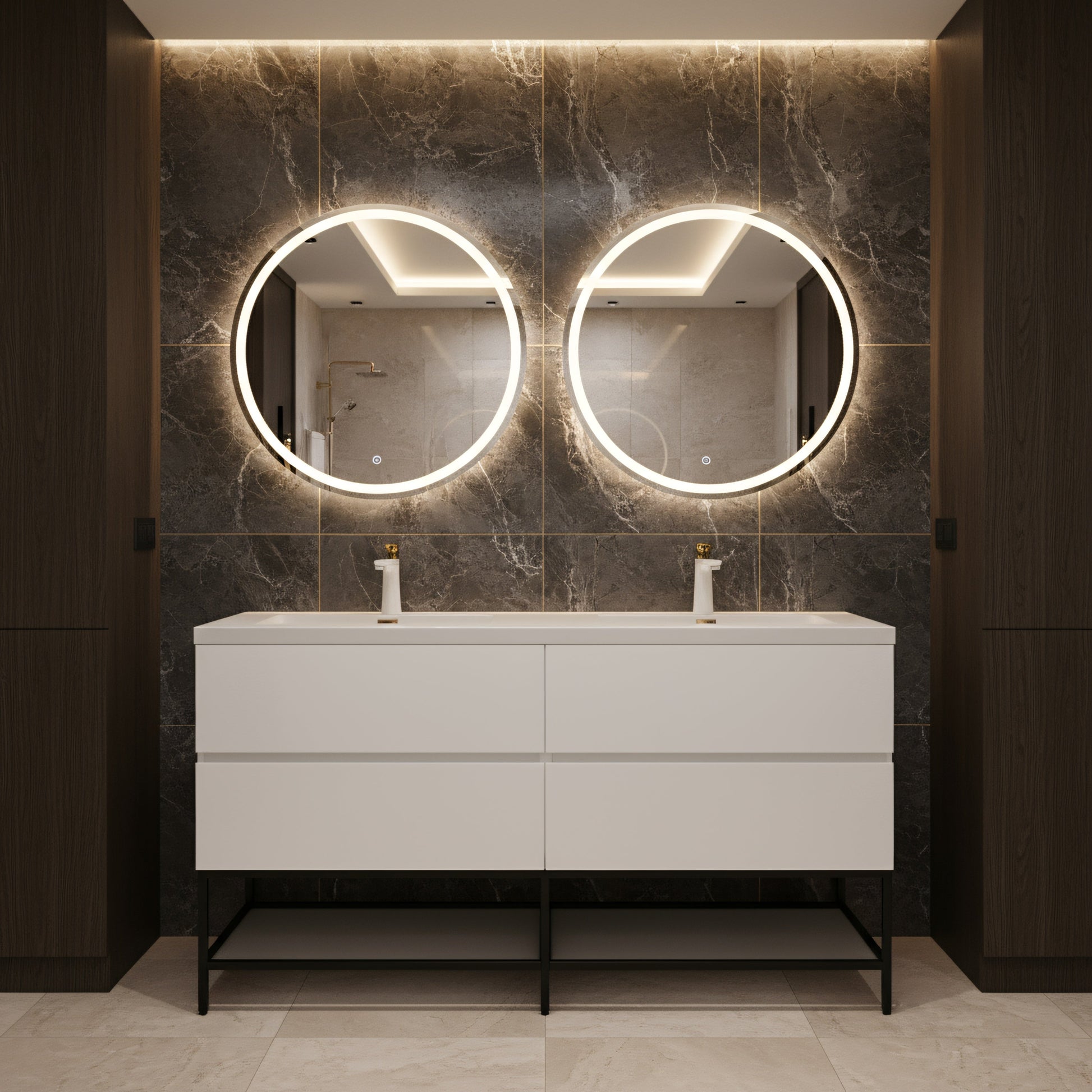 60" White Wall Mount Double Sink Bathroom Vanity with White Polymarble Countertop-Migration_Bathroom Vanities-DECOROLALA