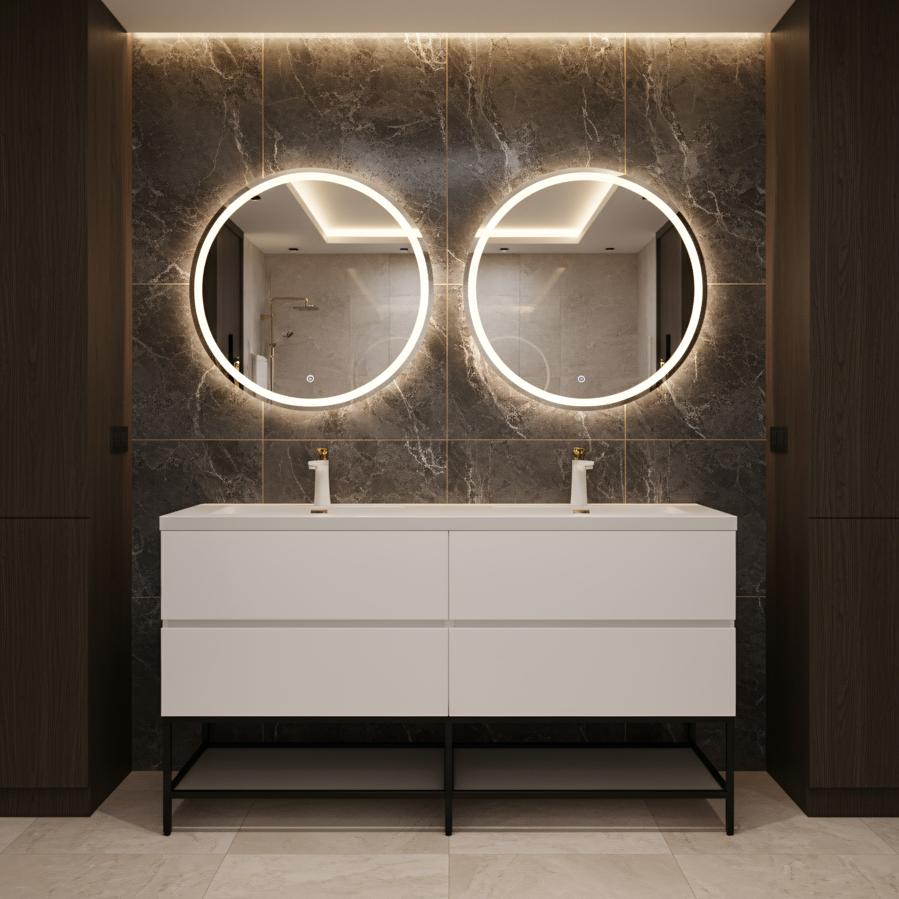 60" White Wall Mount Double Sink Bathroom Vanity with White Polymarble Countertop-Migration_Bathroom Vanities-DECOROLALA