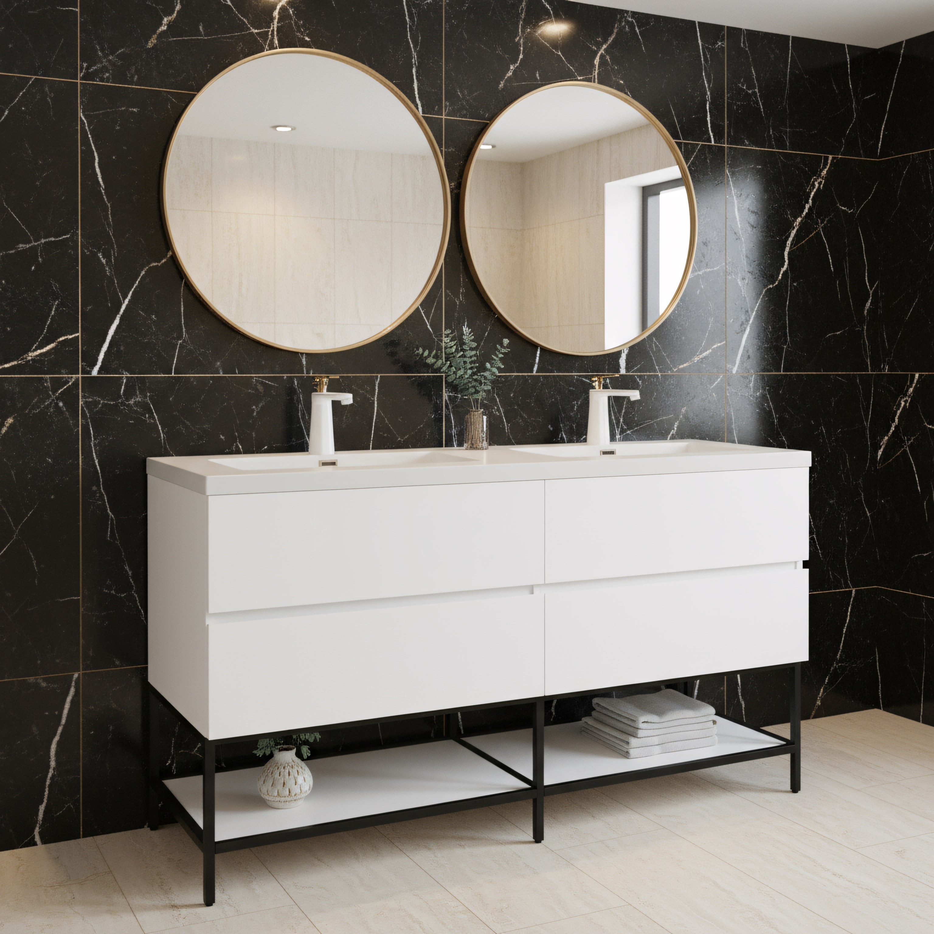60" White Wall Mount Double Sink Bathroom Vanity with White Polymarble Countertop-Migration_Bathroom Vanities-DECOROLALA