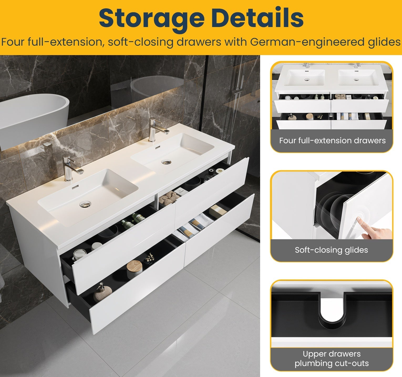 60" White Wall Mount Double Sink Bathroom Vanity with White Polymarble Countertop-Migration_Bathroom Vanities-DECOROLALA