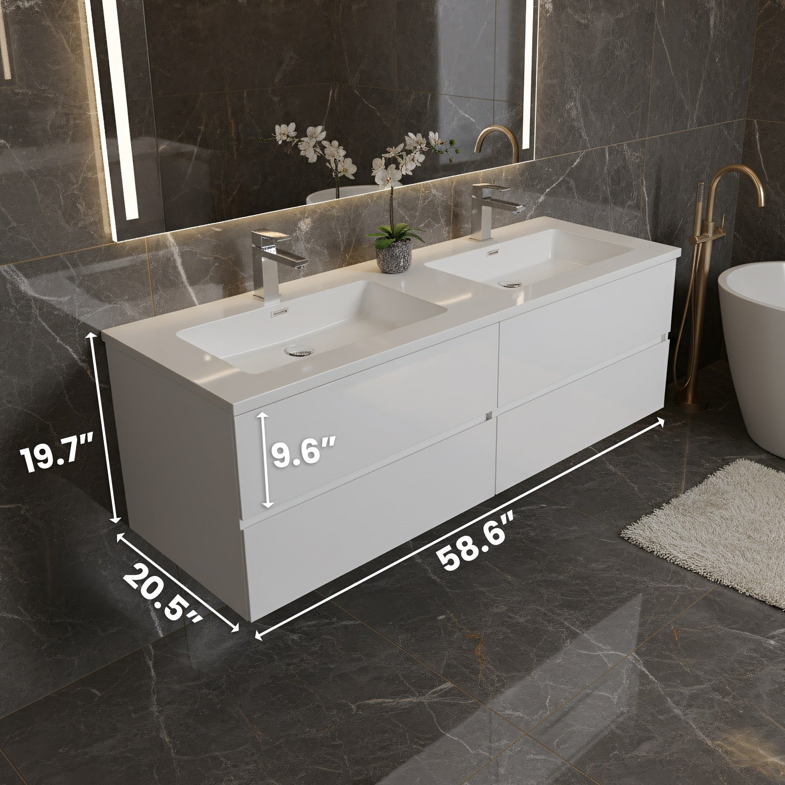 60" White Wall Mount Double Sink Bathroom Vanity with White Polymarble Countertop-Migration_Bathroom Vanities-DECOROLALA