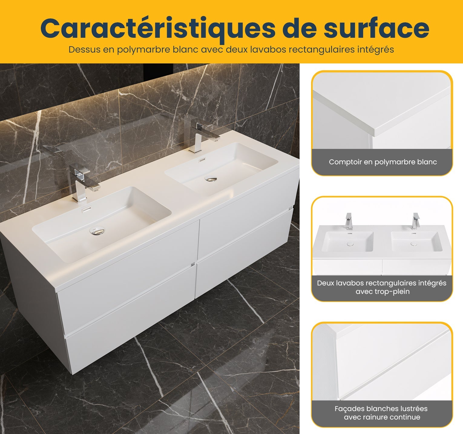 60" White Wall Mount Double Sink Bathroom Vanity with White Polymarble Countertop-Migration_Bathroom Vanities-DECOROLALA