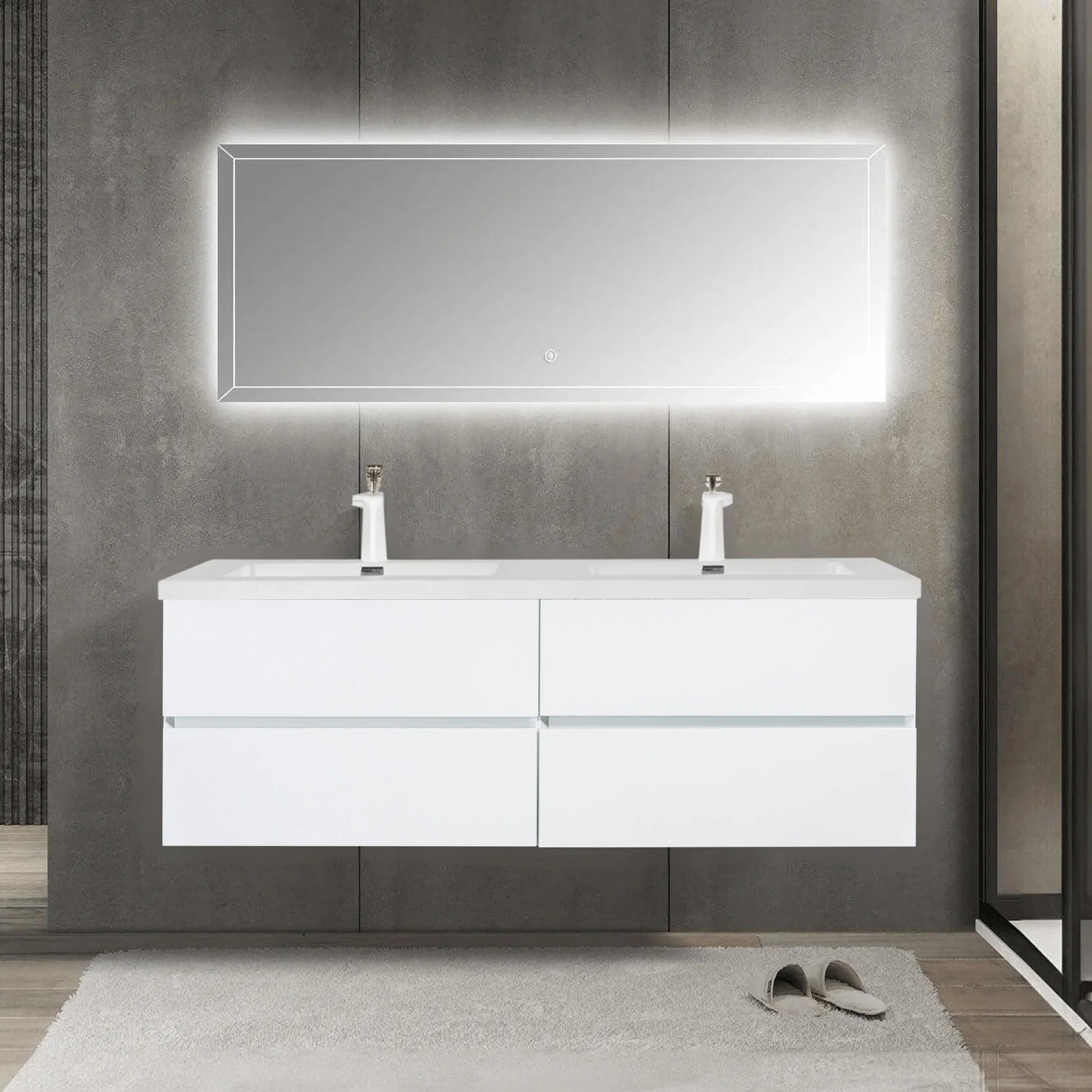 60" White Wall Mount Double Sink Bathroom Vanity with White Polymarble Countertop-Migration_Bathroom Vanities-DECOROLALA
