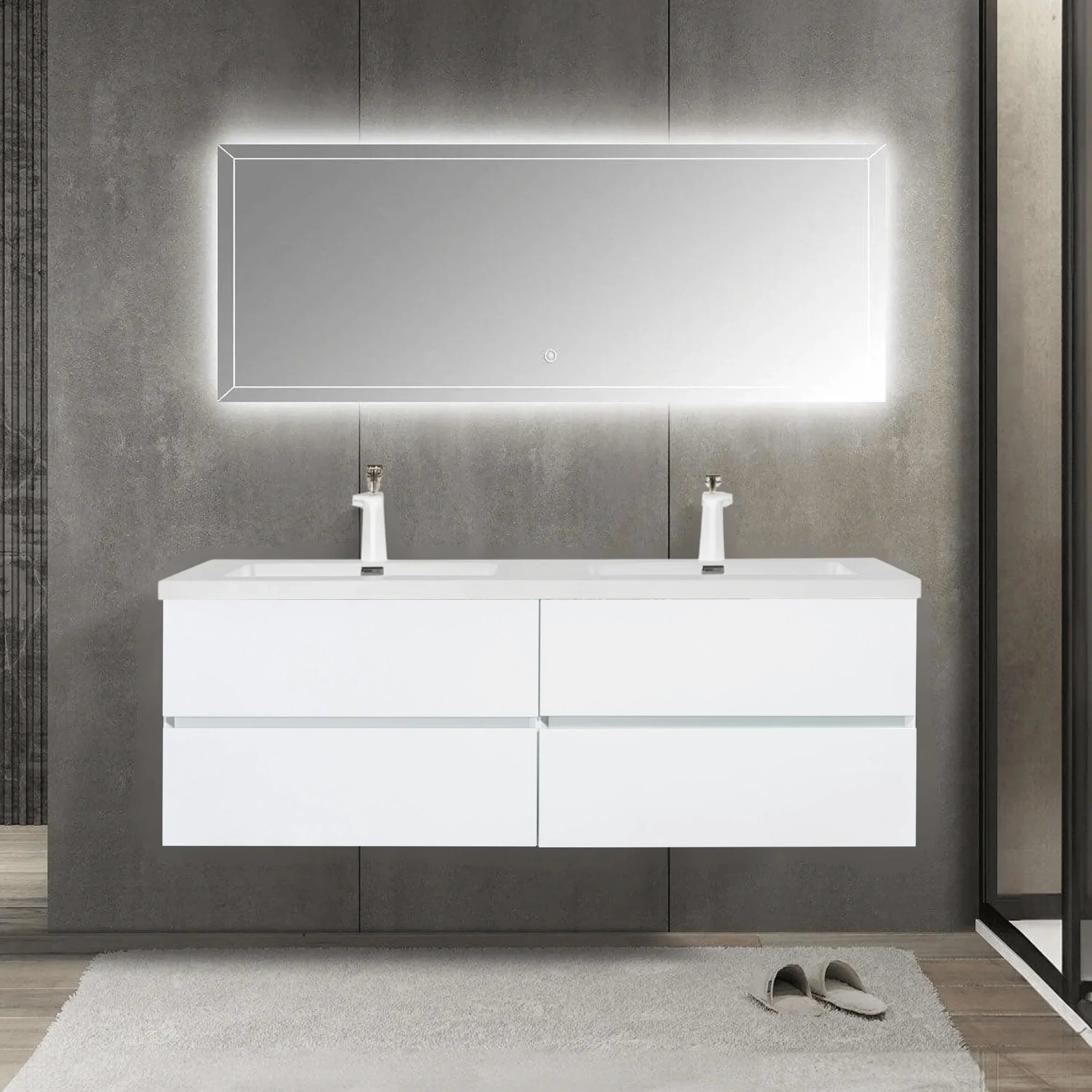 60" White Wall Mount Double Sink Bathroom Vanity with White Polymarble Countertop-Migration_Bathroom Vanities-DECOROLALA