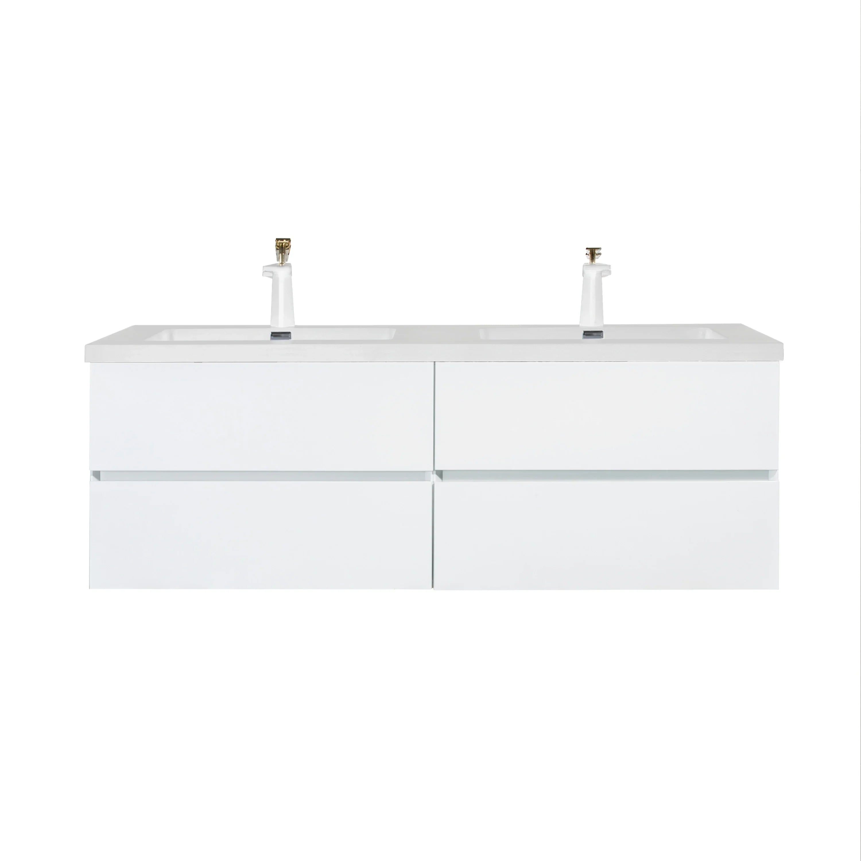 60" White Wall Mount Double Sink Bathroom Vanity with White Polymarble Countertop-Migration_Bathroom Vanities-DECOROLALA
