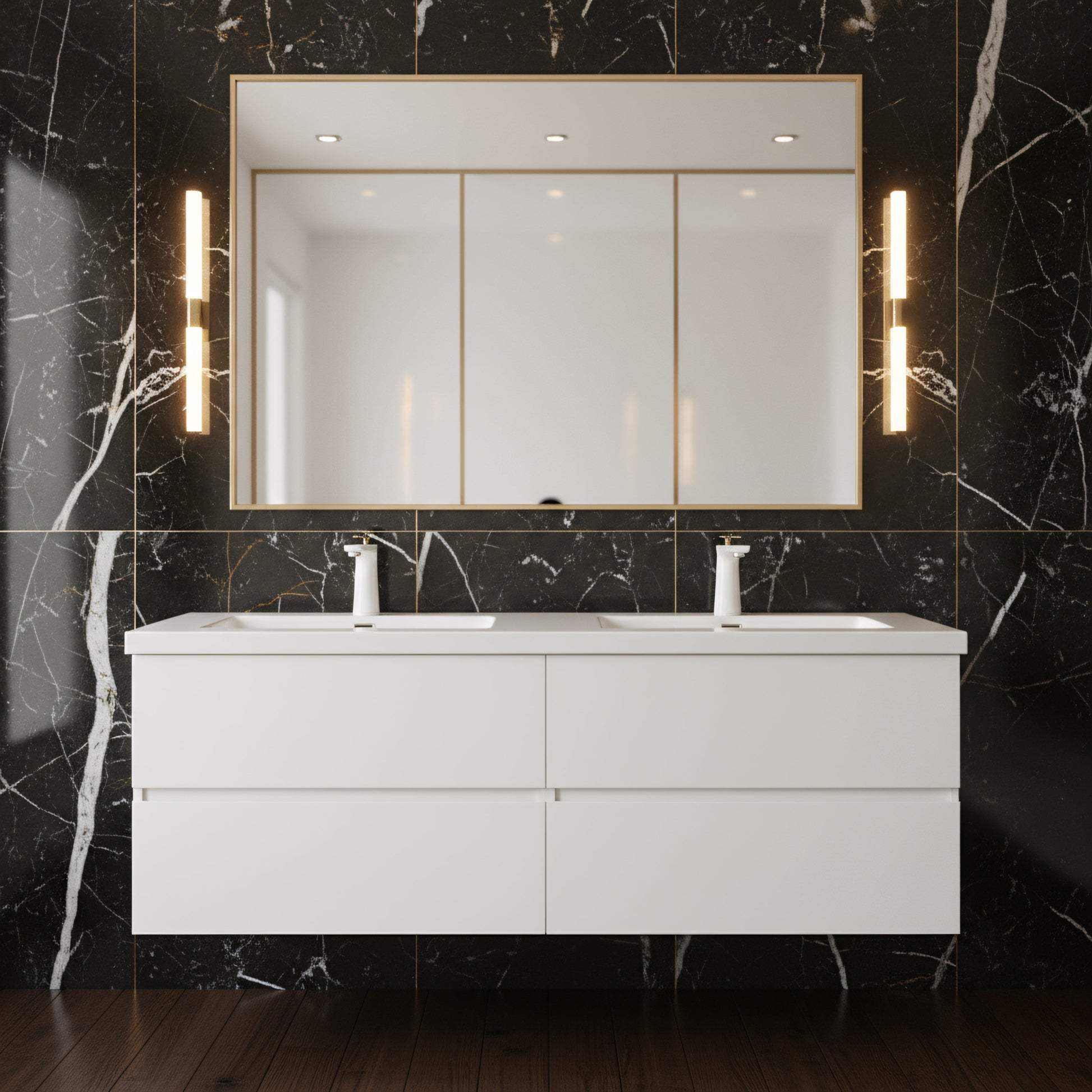 60" White Wall Mount Double Sink Bathroom Vanity with White Polymarble Countertop-Migration_Bathroom Vanities-DECOROLALA