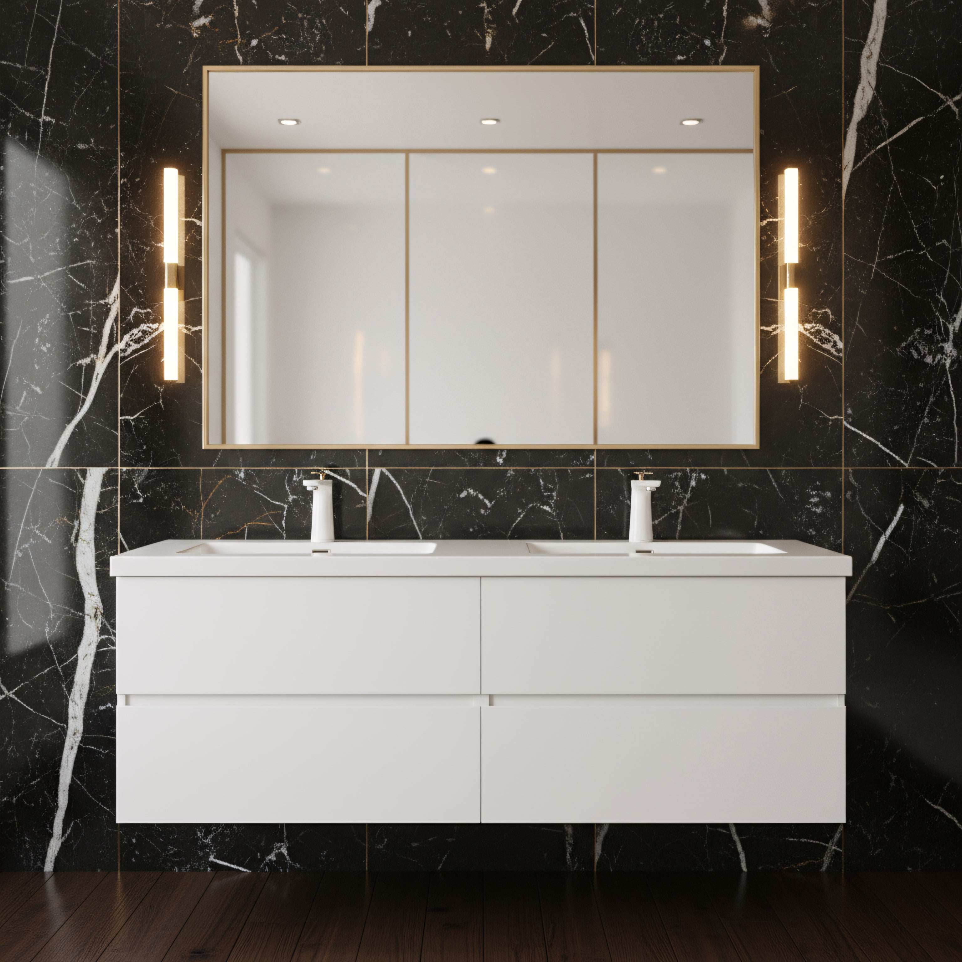 60" White Wall Mount Double Sink Bathroom Vanity with White Polymarble Countertop-Migration_Bathroom Vanities-DECOROLALA