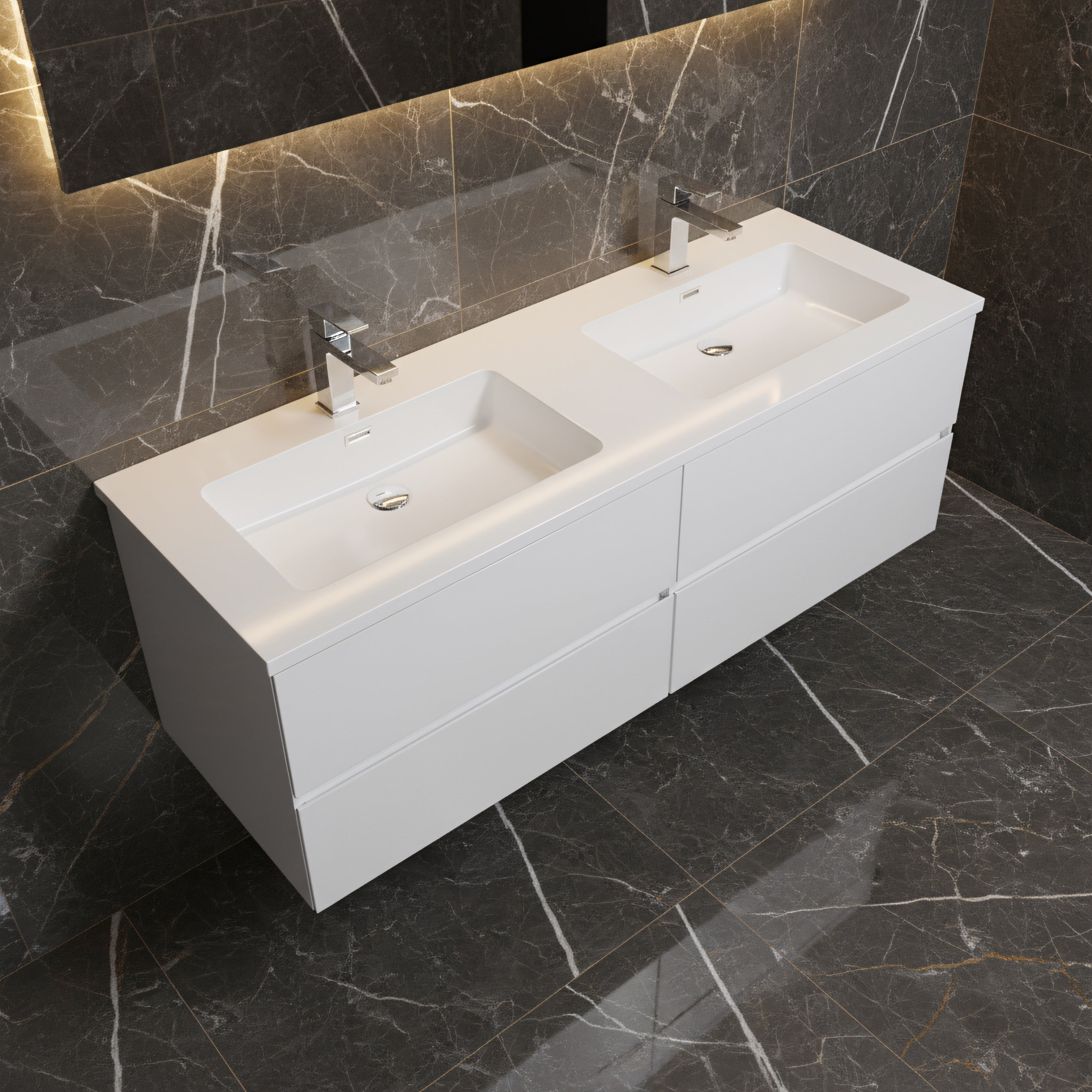 60" White Wall Mount Double Sink Bathroom Vanity with White Polymarble Countertop-Migration_Bathroom Vanities-DECOROLALA