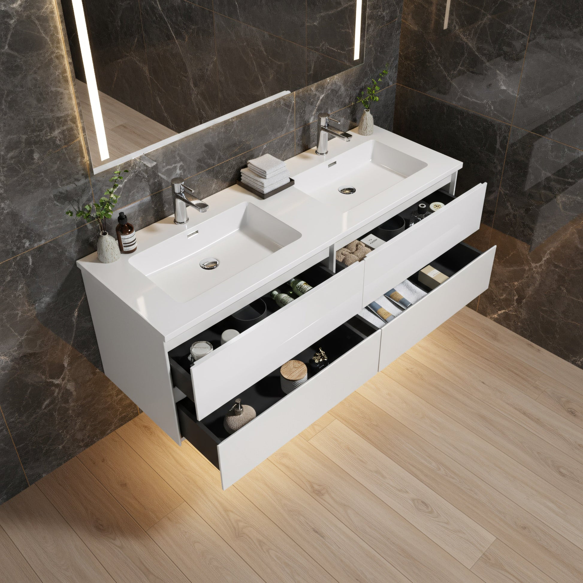 60" White Wall Mount Double Sink Bathroom Vanity with White Polymarble Countertop-Migration_Bathroom Vanities-DECOROLALA