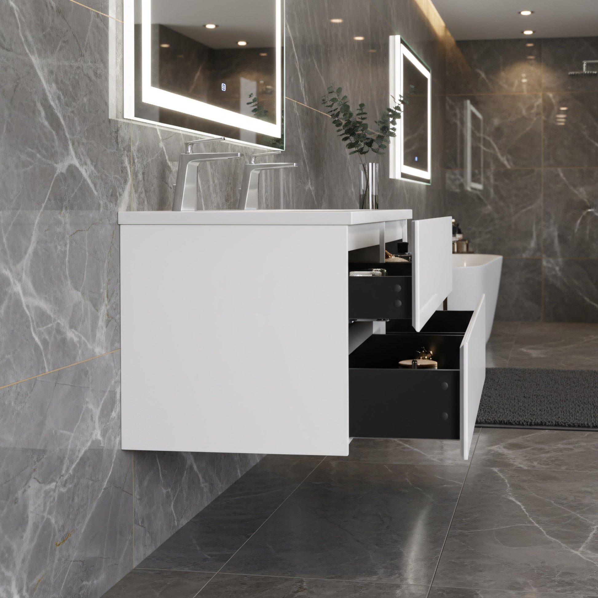 60" White Wall Mount Double Sink Bathroom Vanity with White Polymarble Countertop-Migration_Bathroom Vanities-DECOROLALA