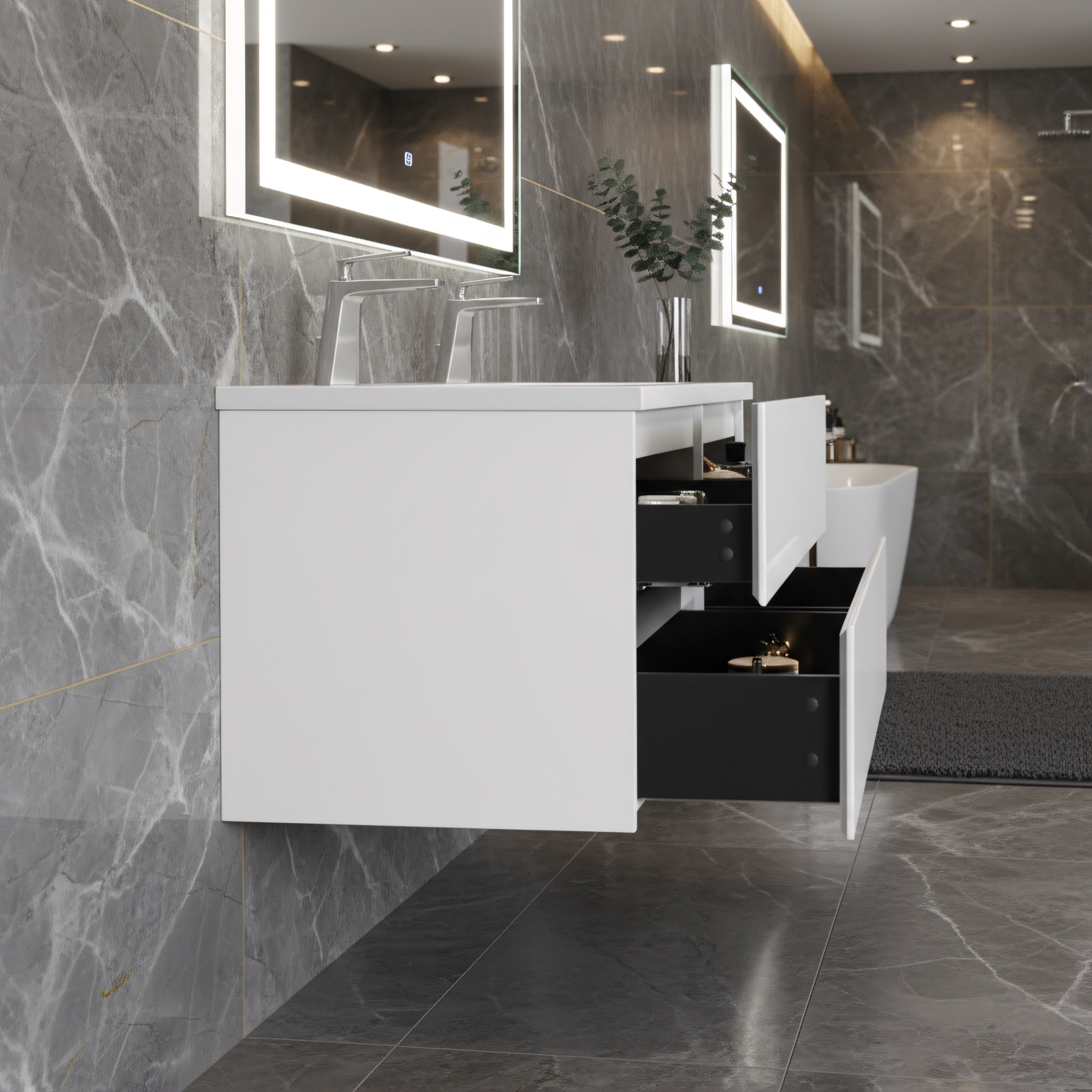 60" White Wall Mount Double Sink Bathroom Vanity with White Polymarble Countertop-Migration_Bathroom Vanities-DECOROLALA