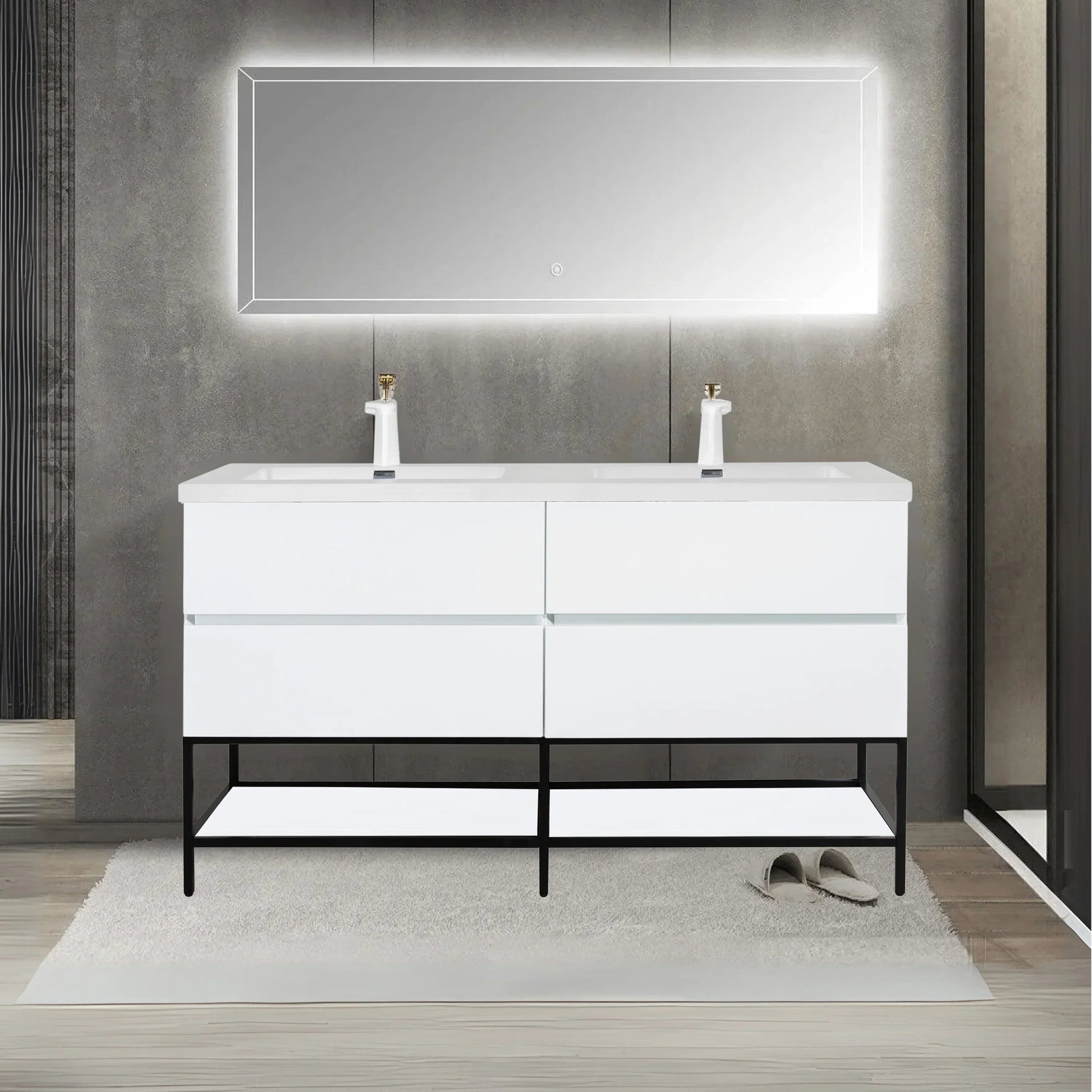 60" White Wall Mount Double Sink Bathroom Vanity with White Polymarble Countertop-Migration_Bathroom Vanities-DECOROLALA