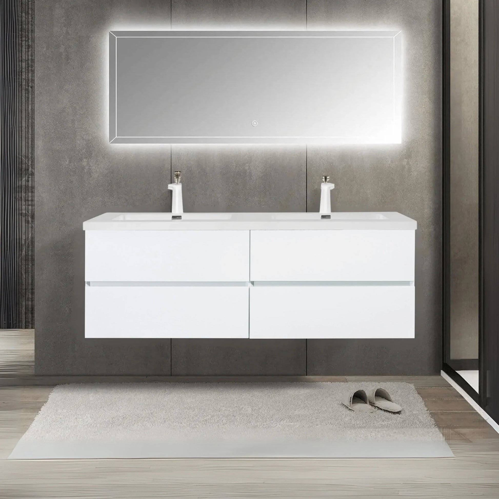 60" White Wall Mount Double Sink Bathroom Vanity with White Polymarble Countertop-Migration_Bathroom Vanities-DECOROLALA