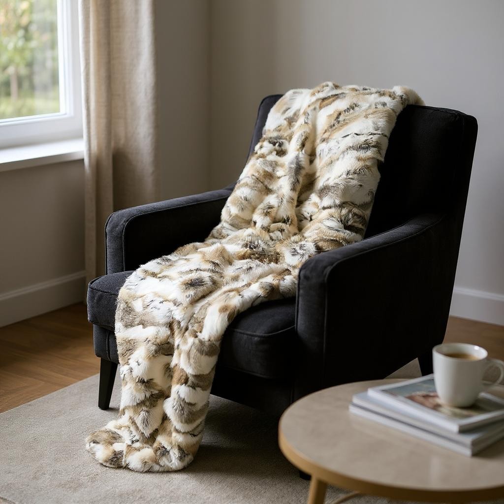 60" X 50" Tan Knitted Rabbit Fur Animal Print Throw Blanket-Throws & Blankets-DECOROLALA