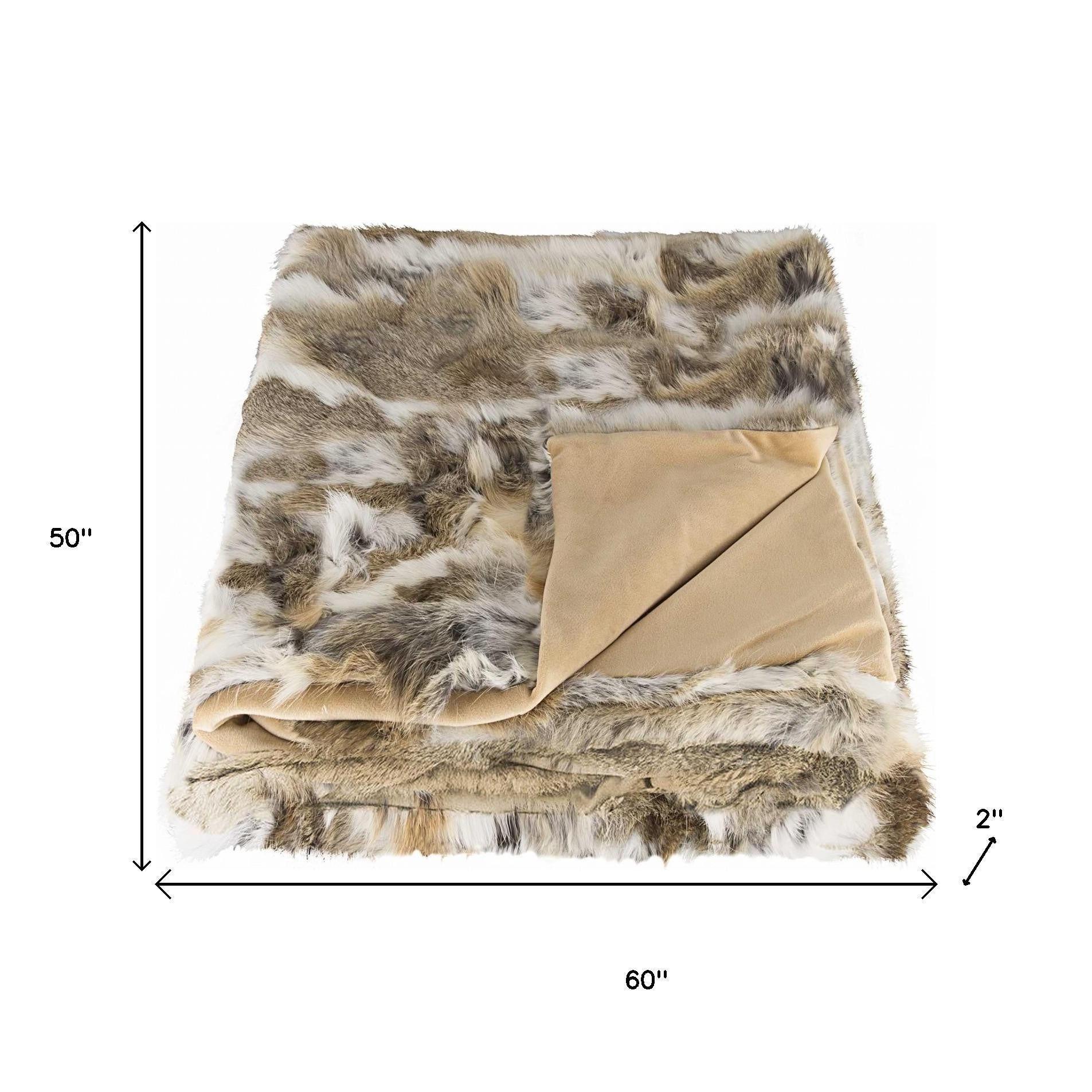 60" X 50" Tan Knitted Rabbit Fur Animal Print Throw Blanket-Throws & Blankets-DECOROLALA