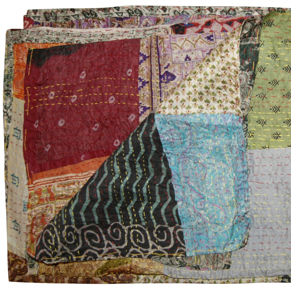 60" X 90" Blue Black and Brown Kantha Cotton Patchwork Throw Blanket with Embroidery-Throws & Blankets-DECOROLALA