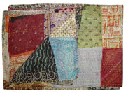 60" X 90" Blue Black and Brown Kantha Cotton Patchwork Throw Blanket with Embroidery-Throws & Blankets-DECOROLALA