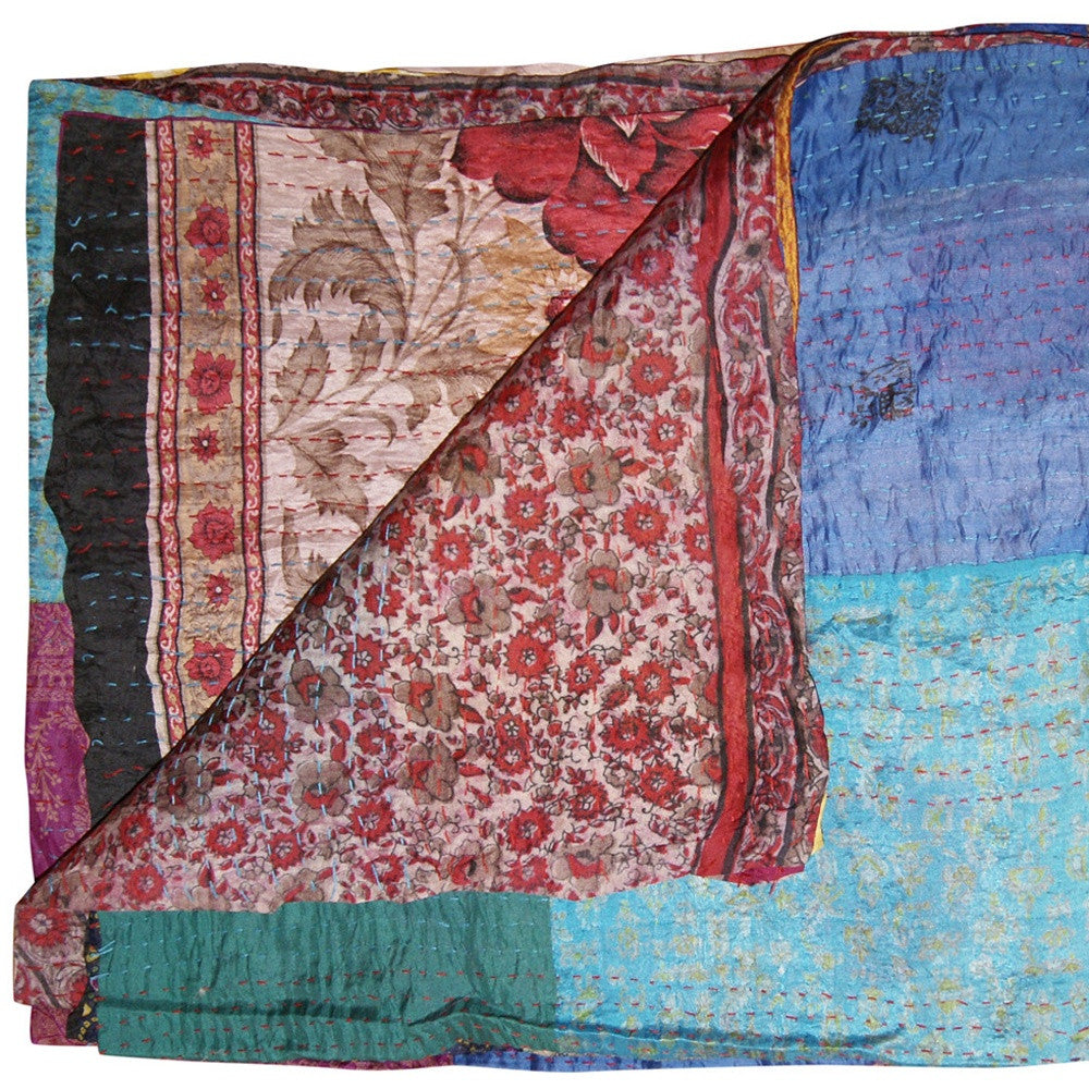 60" X 90" Blue Brown And Green Patchwork Cotton Quilted Kantha Throw Blanket with Embroidery-Throws & Blankets-DECOROLALA