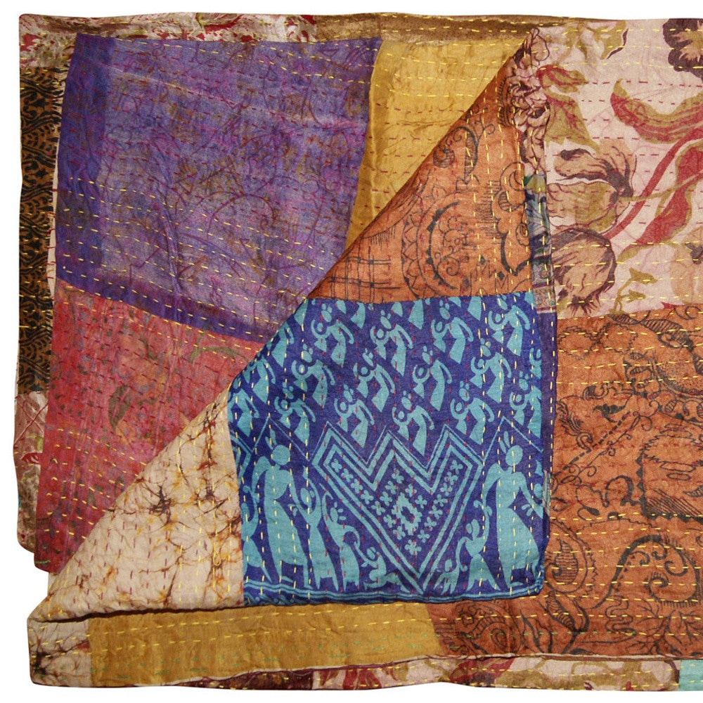60" X 90" Blue Brown And Green Patchwork Cotton Quilted Kantha Throw Blanket with Embroidery-Throws & Blankets-DECOROLALA