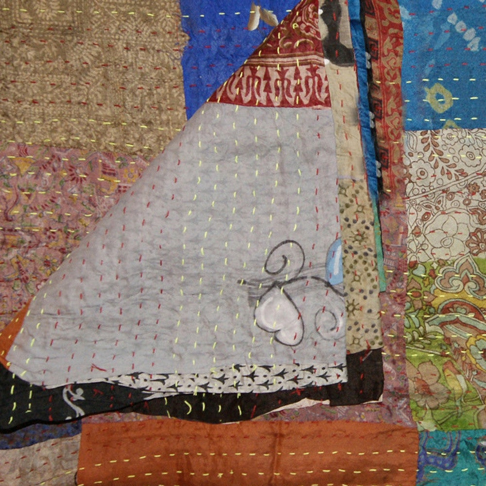 60" X 90" Blue Brown And Green Patchwork Cotton Quilted Kantha Throw Blanket with Embroidery-Throws & Blankets-DECOROLALA