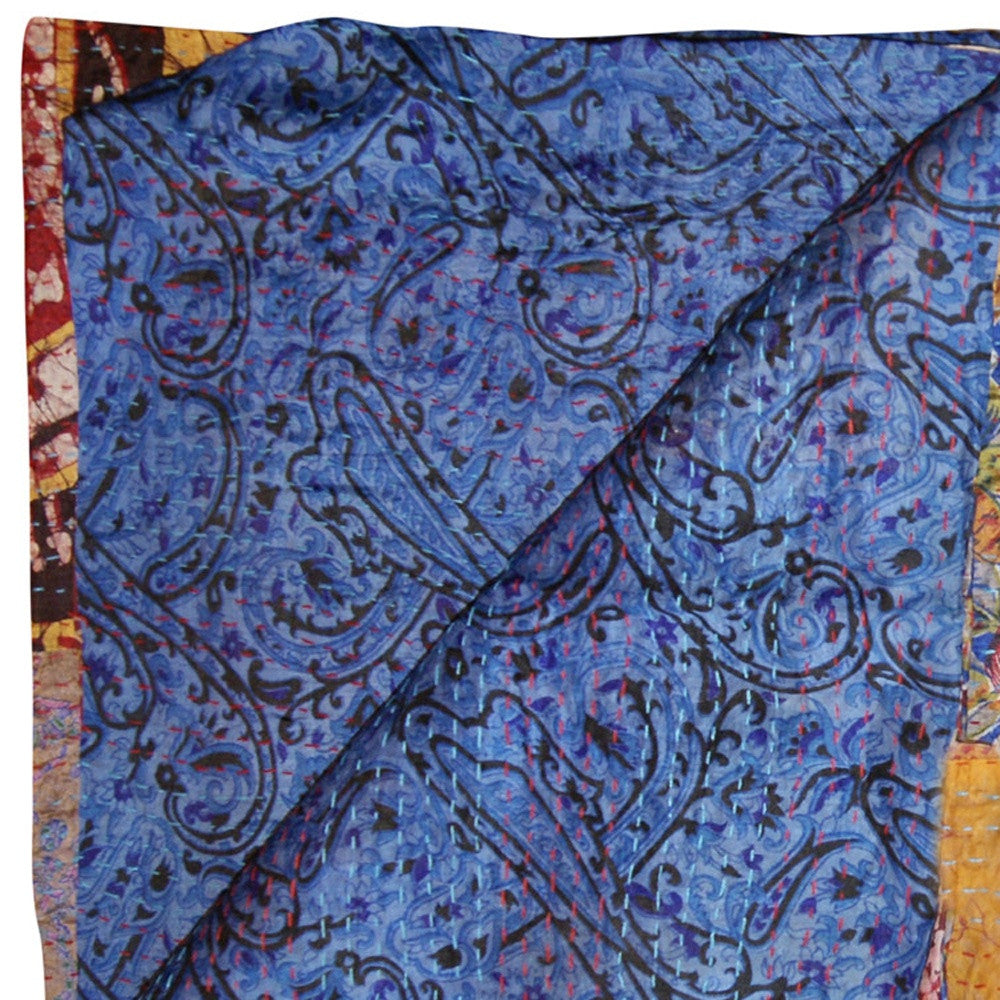 60" X 90" Blue Brown And Green Patchwork Cotton Quilted Kantha Throw Blanket with Embroidery-Throws & Blankets-DECOROLALA