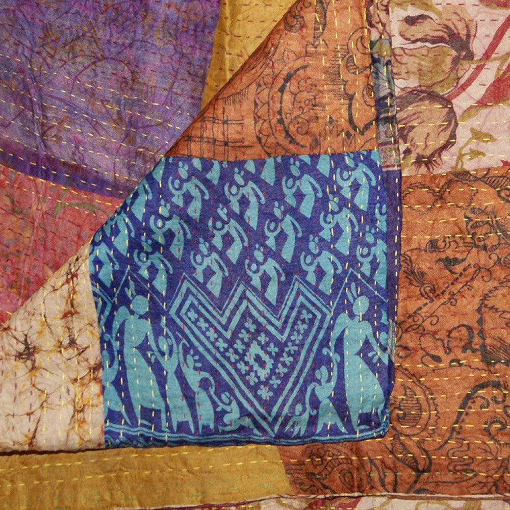 60" X 90" Blue Brown And Green Patchwork Cotton Quilted Kantha Throw Blanket with Embroidery-Throws & Blankets-DECOROLALA