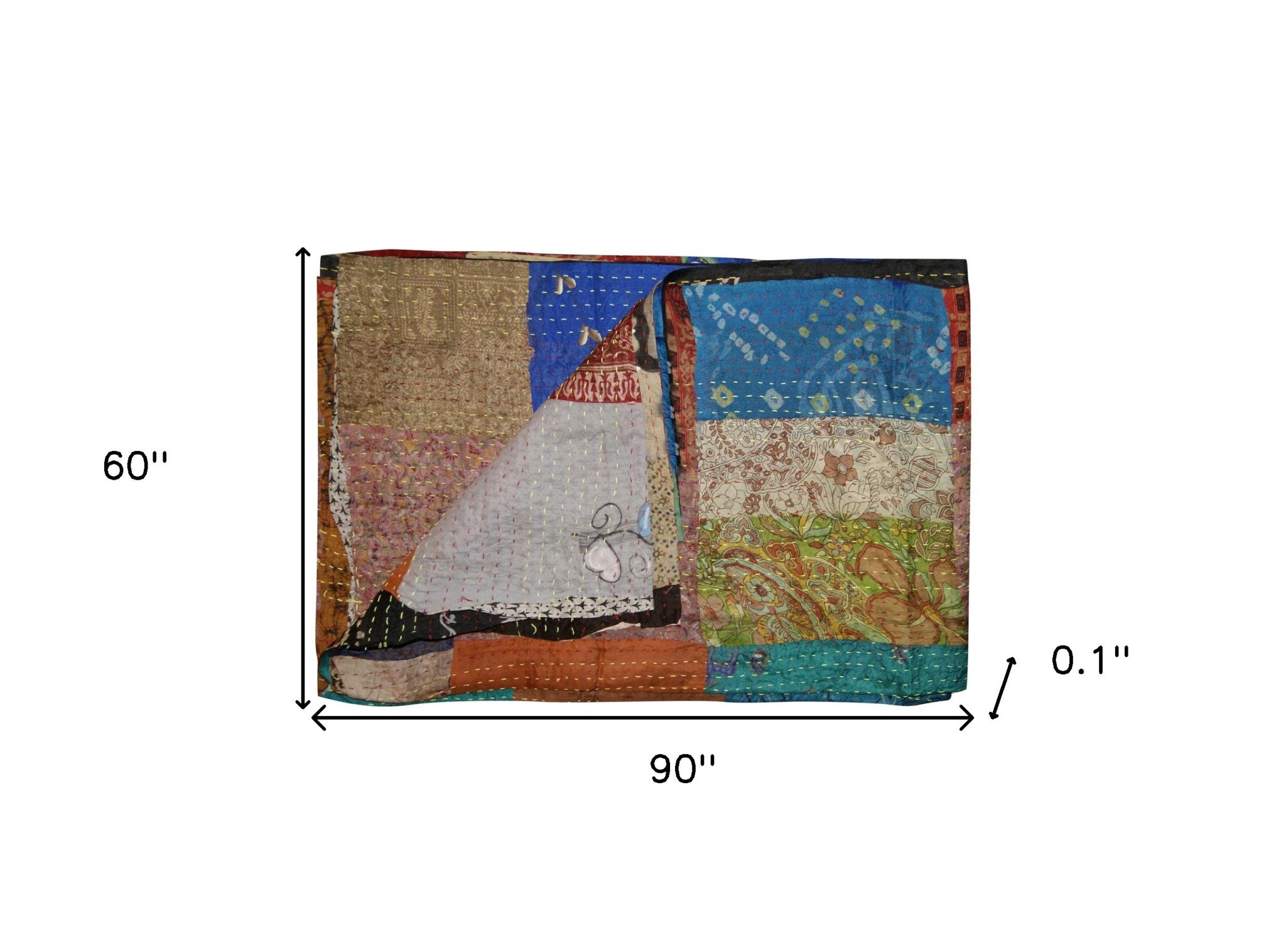 60" X 90" Blue Brown And Green Patchwork Cotton Quilted Kantha Throw Blanket with Embroidery-Throws & Blankets-DECOROLALA